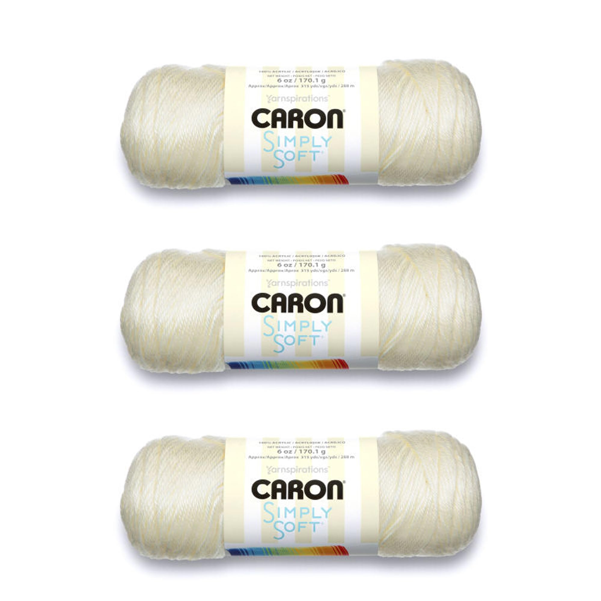 Caron Simply Soft 3-Pack Yarn, 3oz, Gauge 4 Medium Worsted, 100% Acrylic - Off White - Machine Wash & Dry
