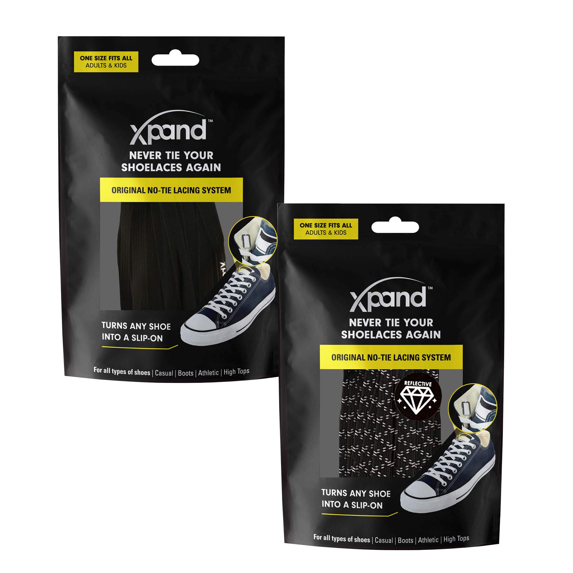 Xpand 結ばない靴紐システム ゴム紐付き フリーサイズ 大人と子供用の靴 (2個パック), ブラック - ブラック反射材。, One Size