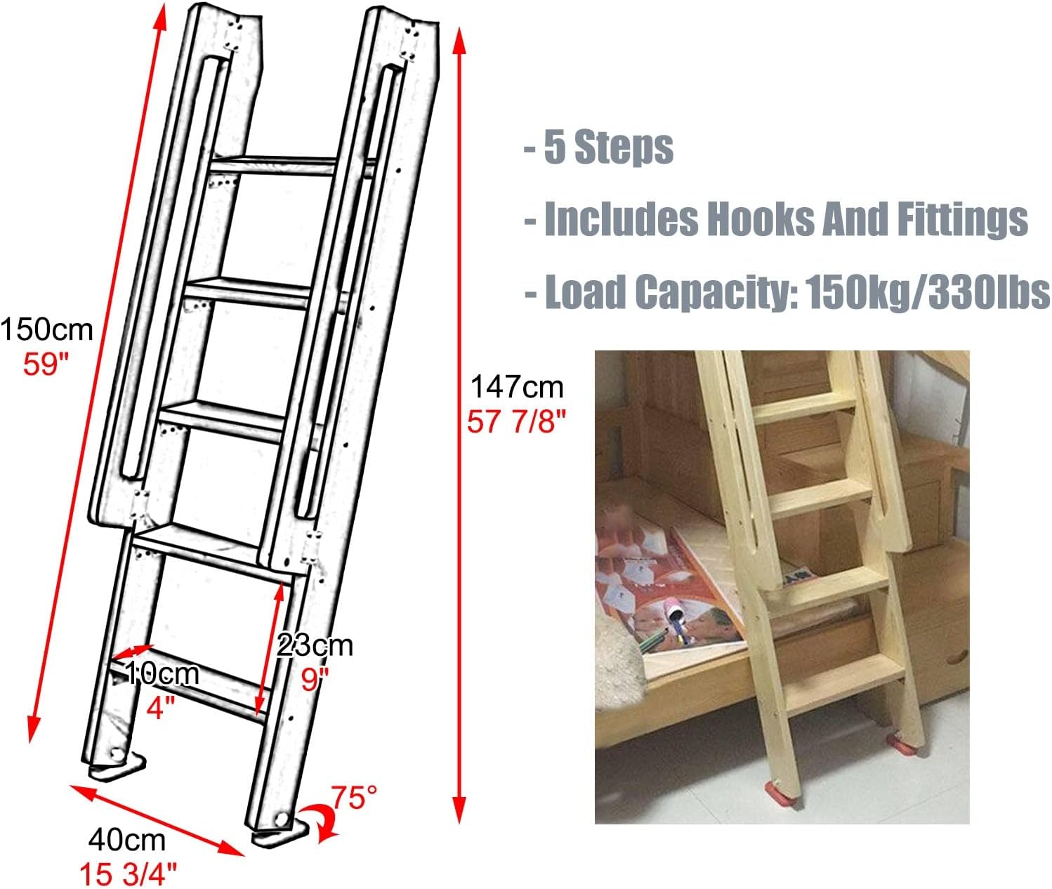 Replaceable Bunk Bed Ladder Dorm - Non Slip Lightweight Short Step Ladder, Space Saving Loft Camper Rv Bunk Ladder with Hooks ＆ Feet (Color : Natural, Size : 5 Step 150cm/59)