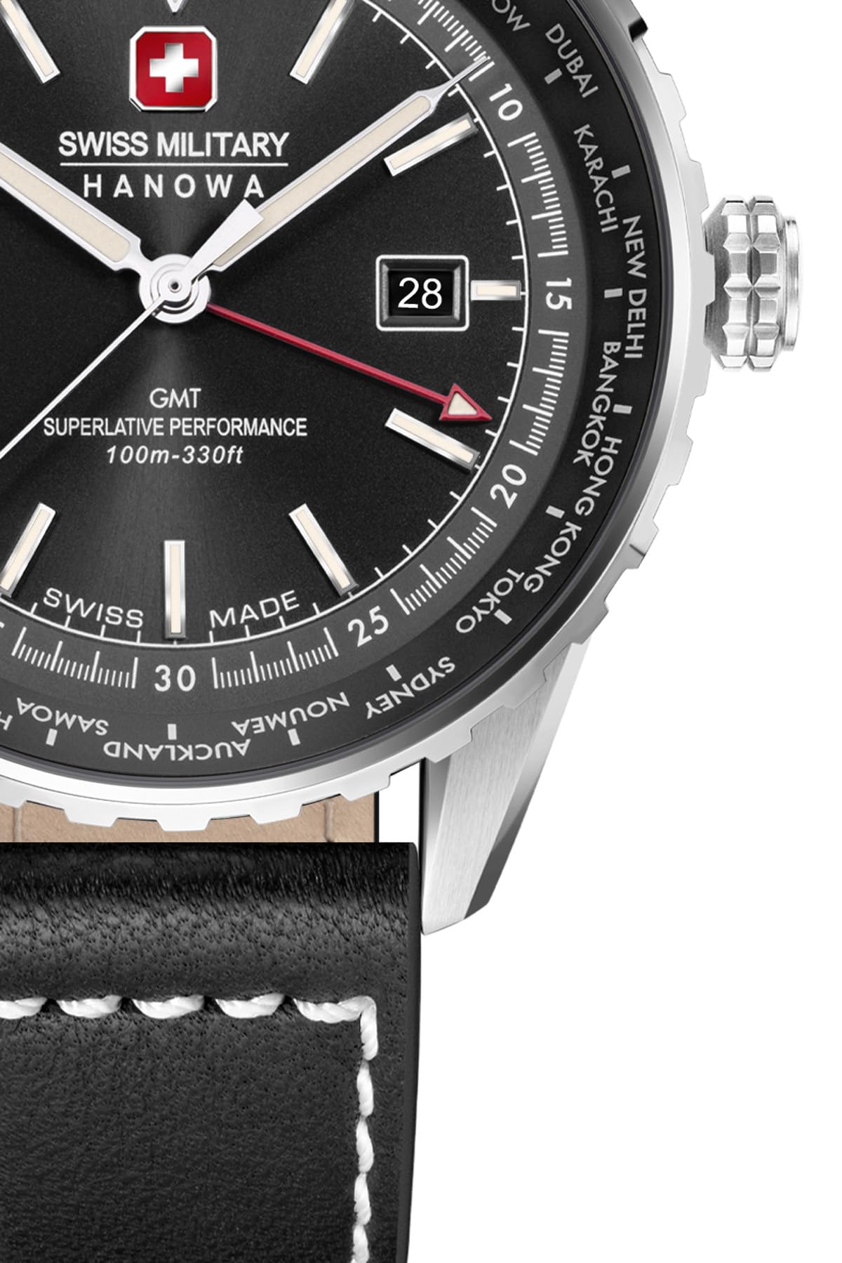 Swiss Military Hanowa Afterburn GMT Herrenuhr mit Lederarmband oder Metallband mit Datum und Saphirglas