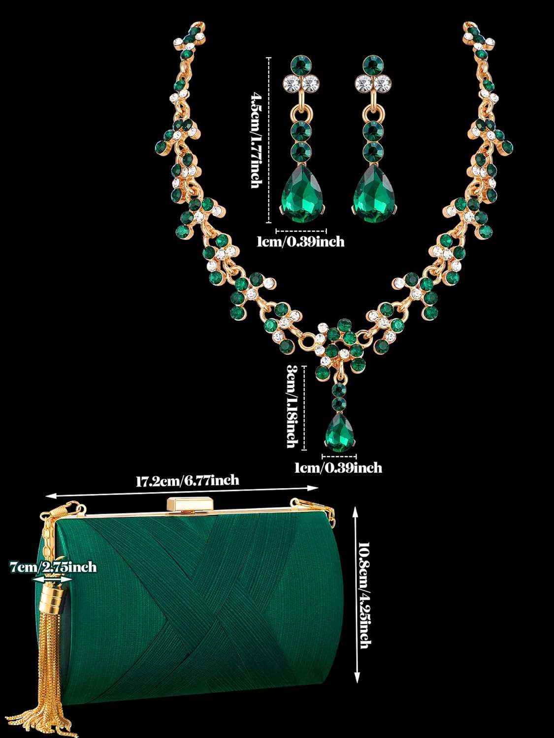 Henoyso 3 Pcs Clutch Purses for Women Rhinestone Jewelry Handbag Set Emerald Green Evening Purse Prom Tassels Purses Shoulder Bag for Wedding Vintage Banquet Earrings Necklace - Image 4