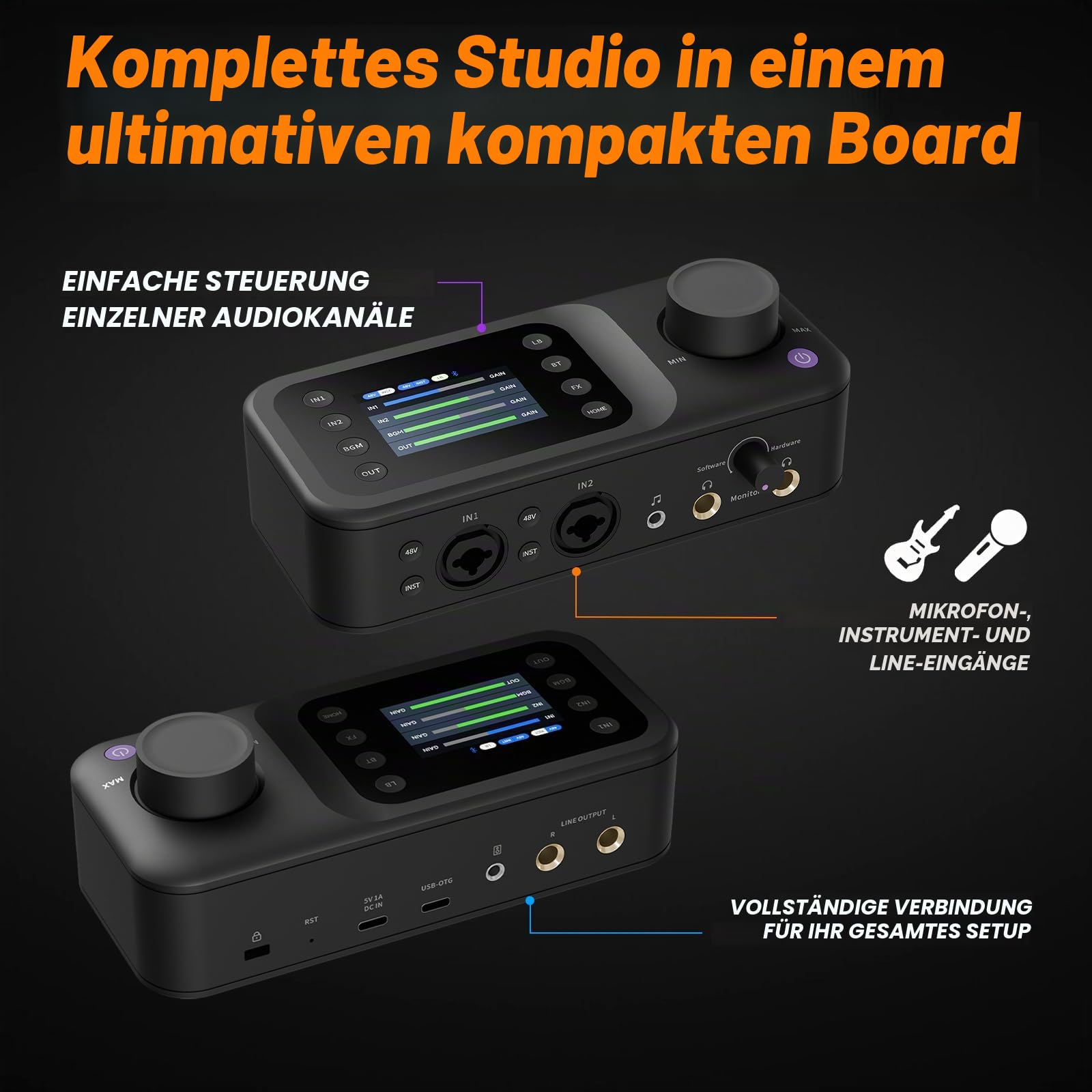 NearStream AMIX40U 10-Kanal USB-Audio-Interface und Audiomixer für PC | Zwei XLR-/6,35-mm-Eingänge mit 48-V-Phantomspeisung,Bluetooth 5.3, ein 2"LCD-Display für Podcast-Aufnahmen und Live-Streaming