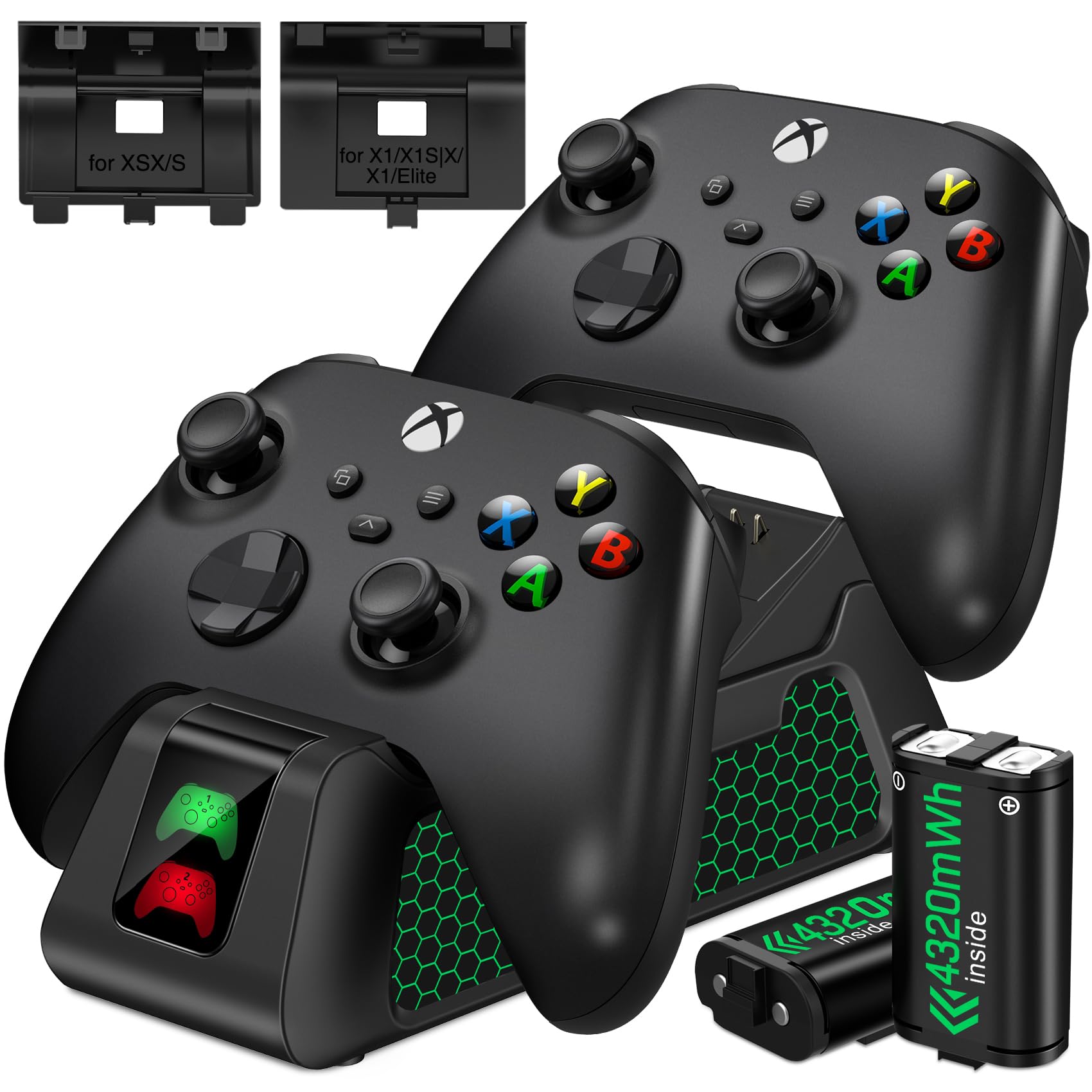 Batterie Rechargeable Xbox avec Station de Charge pour X/S/One/Elite - 4 Couvercles de Batterie (Sans Contrôleur)