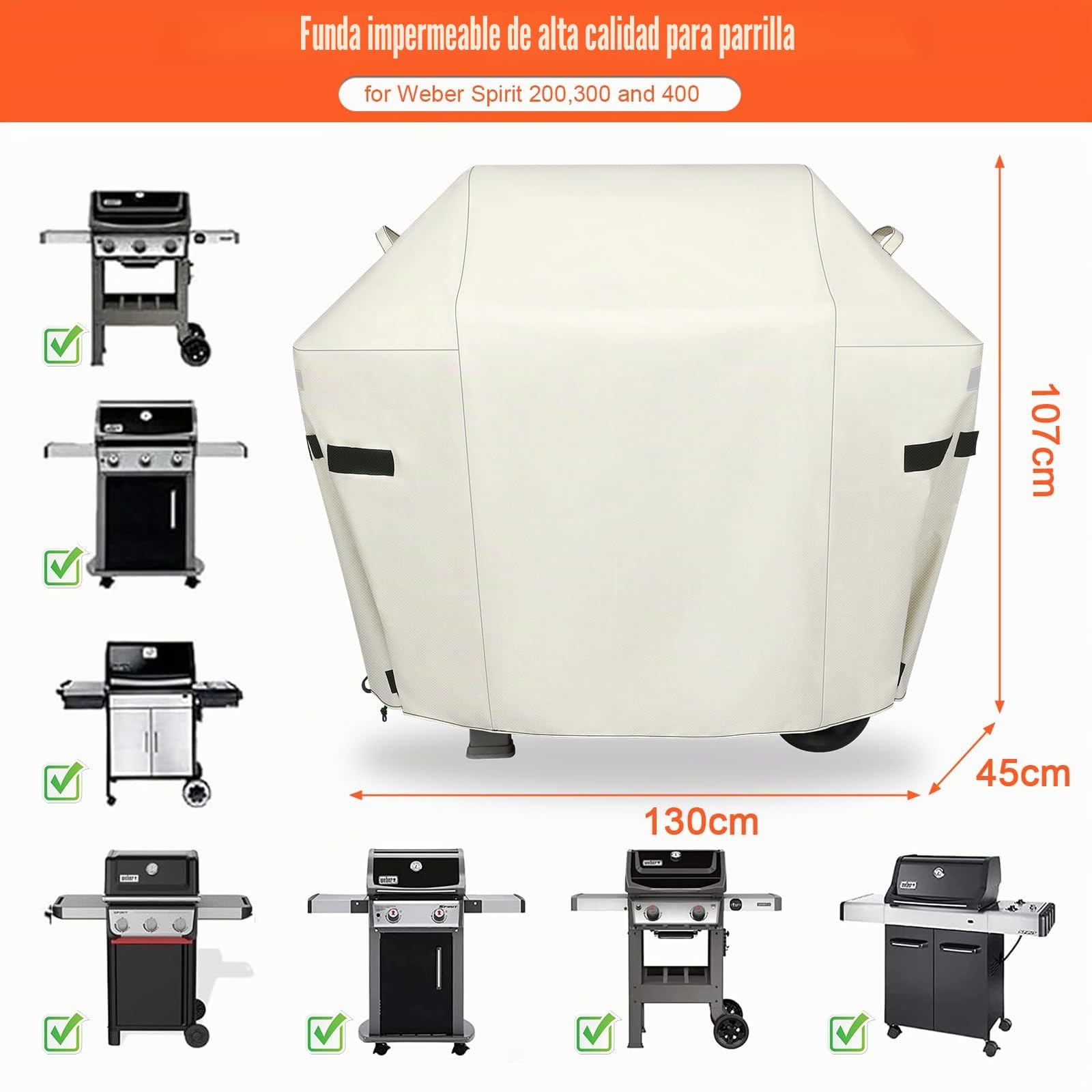 GFTIME 7139 Funda para Barbacoa Weber Spirit I II 300 Series, 130 x 45 x 107 cm, Cubierta para Barbacoa Weber Spirit E310, E330, E315 Series, Impermeable, Resistente a la Intemperie y Resistente a la