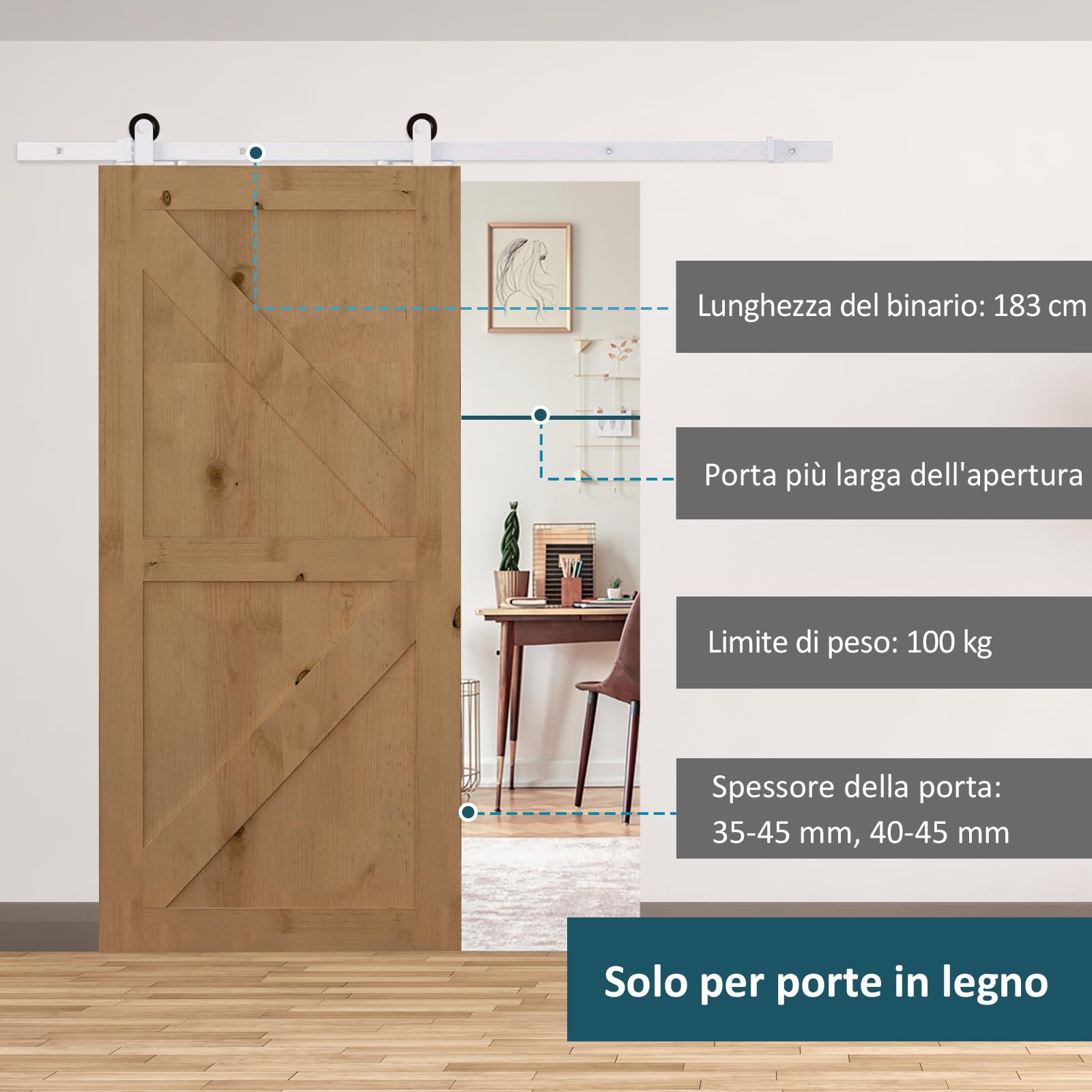 HOMCOM 183CM/6FT Kit per Porta Scorrevole Portata 100kg, Binario per Porta Scorrevole con Rotelle e Minuteria Inclusa, Bianco