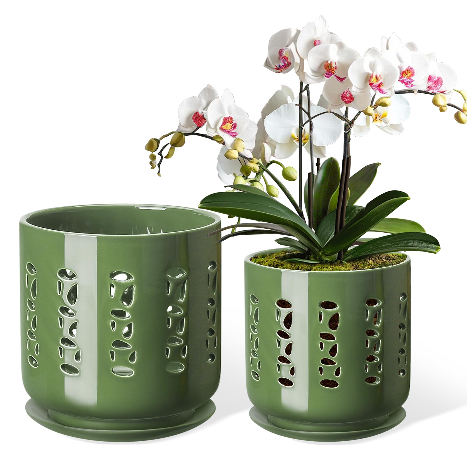 BUYMAX Ceramic Orchid Pots, 5 Inch+6 Inch Planter with Drainage Holes and Tray, Indoor Flower Pot for Repotting Orchids, Elegant Patina Glaze