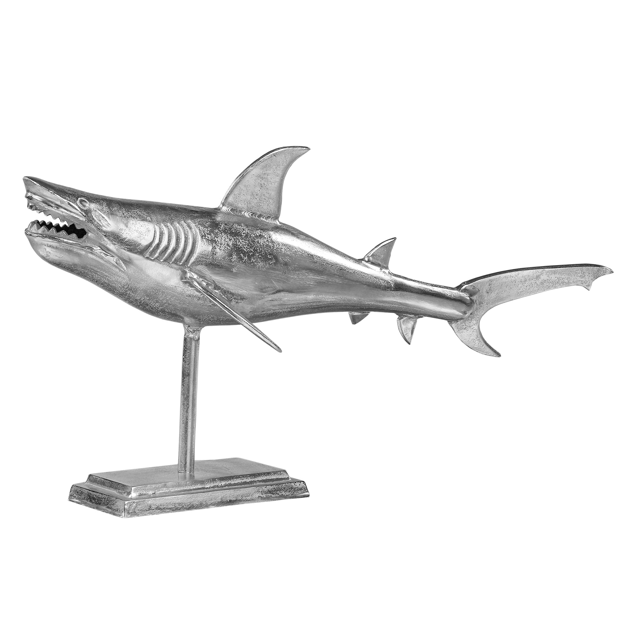 WOMO-DESIGN Escultura de Tiburón 106x36x61 cm Decoración con Soporte Diseño Marítimo Plateado de Aluminio Púlido Estatua con Recubrimiento de Níquel Adorno Único de Figura de Pez para el Hogar
