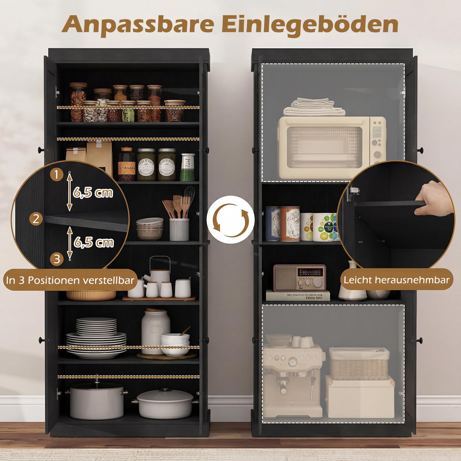 COSTWAY 6 stöckiger Küchenschrank, Hochschrank Küche mit 4 Türen & verstellbaren Regalen, Vorratsschrank freistehend, für Badezimmer, Wohnzimmer, Esszimmer, Büro, 76 x 40 x 185 cm (Schwarz)