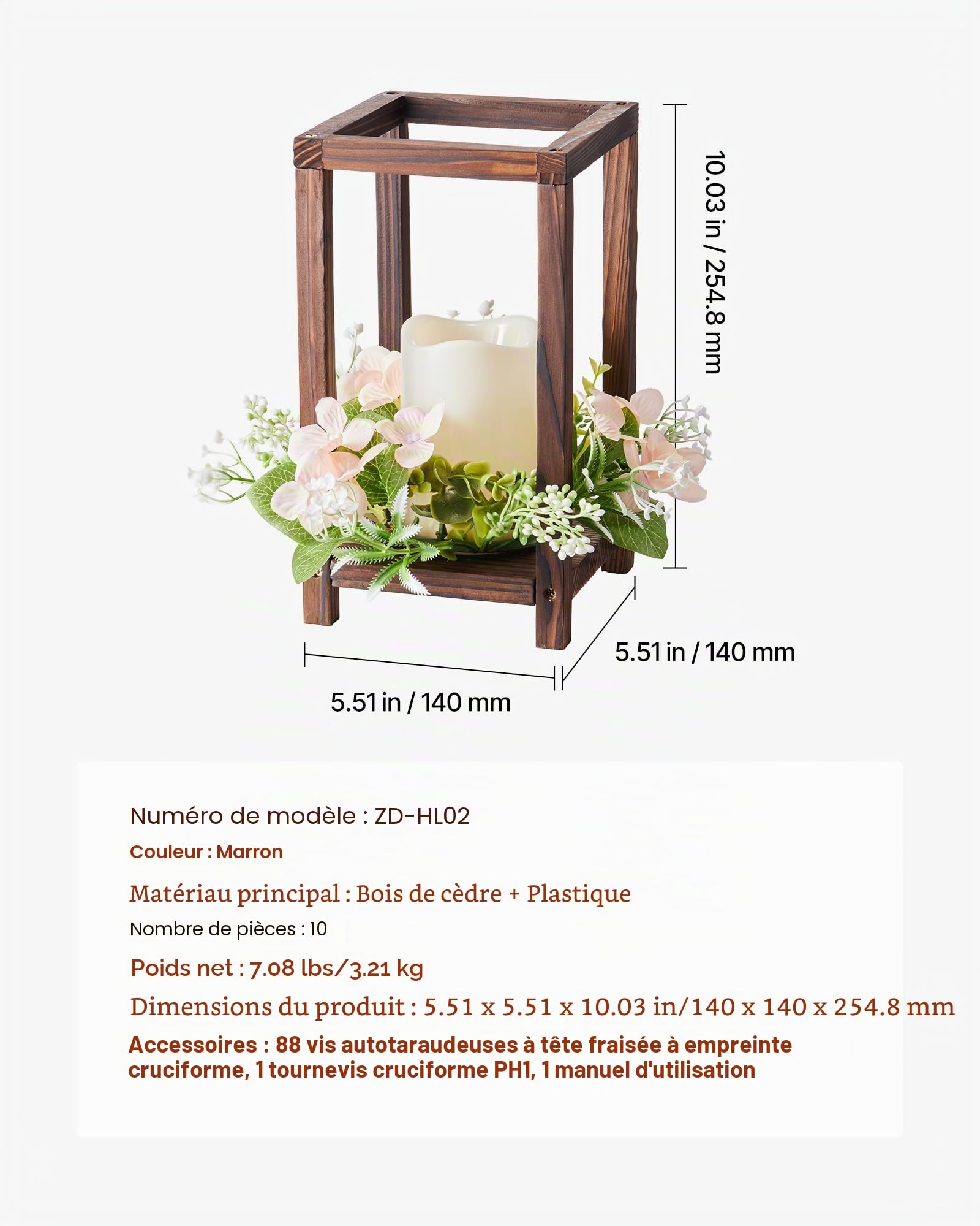 VEVOR Lanterne de Mariage en Bois, Lot de 10, Lanterne Décorative avec Bougies LED sans Flamme, Couronnes de Fleurs Artificielles, pour Centre de Table de Mariage, Fête, Décoration Intérieur, Marron