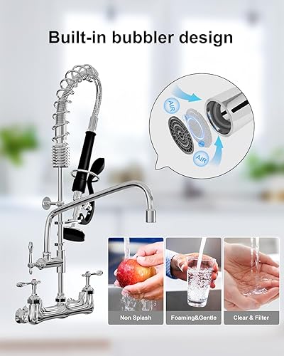 Miniatura 5 de Grifo de fregadero comercial, grifo comercial con rociador, 8 grifos centrales ajustables para restaurante montados en la pared, boquilla de 8