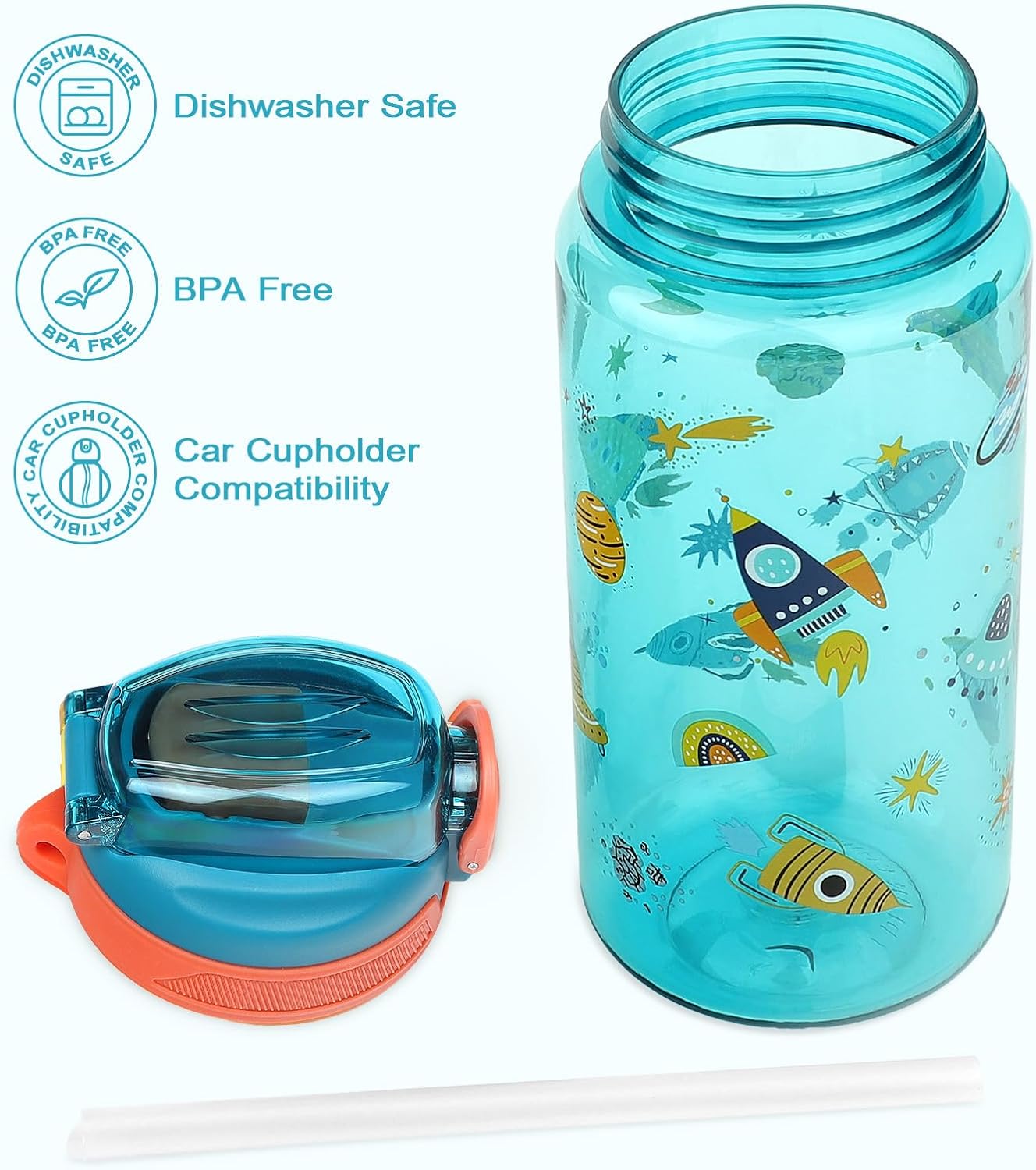 Kids Water Bottle for School or Travel, 20 Oz Durable Plastic Water Bottle with Silicone Straw and Pop-Up Spout Cover, BPA Free & Dishwasher Safe(Rocket) - Image 4