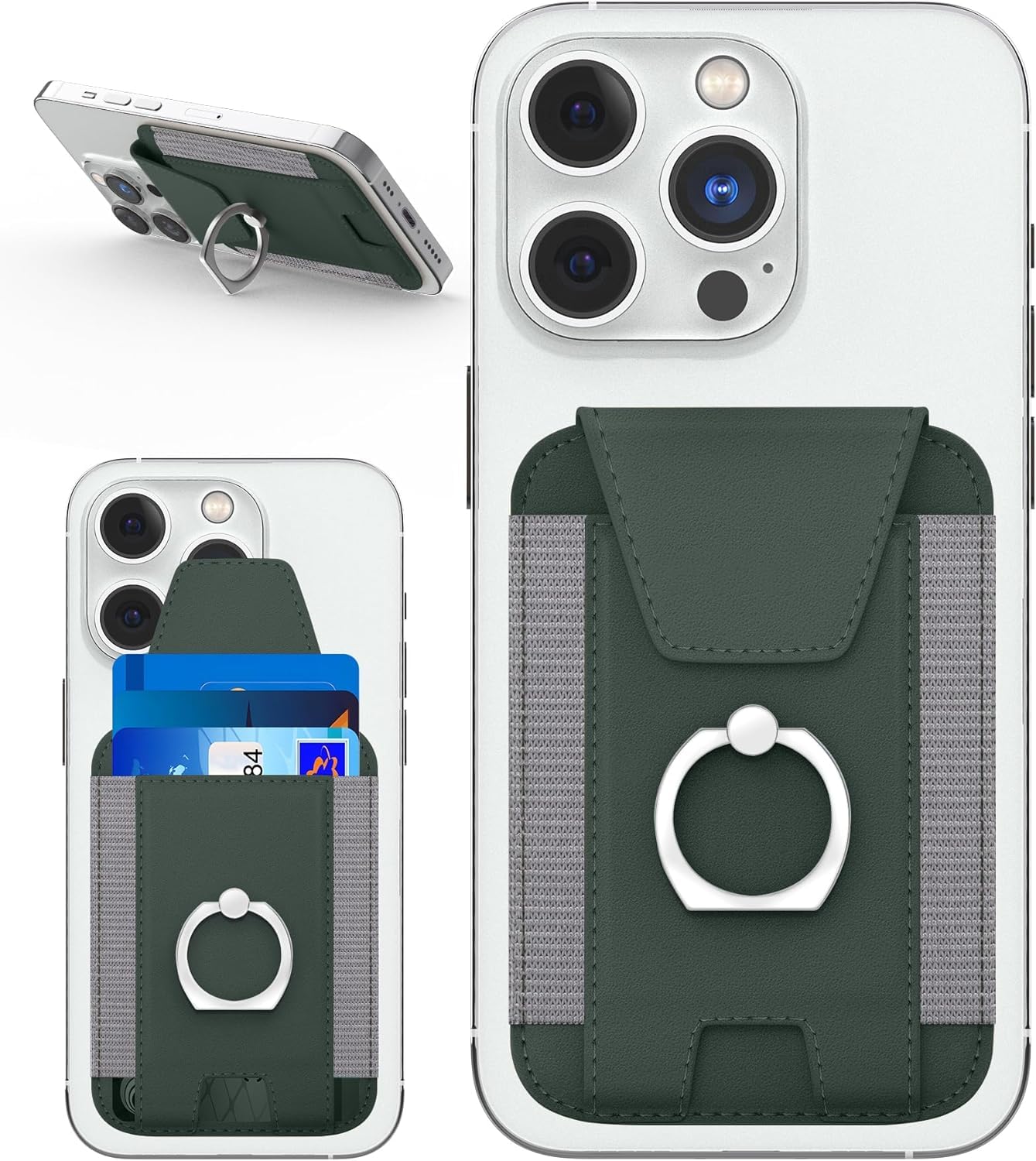 Another303-in-1 Magnetic Wallet with Card Holder Compatible with Mag-Safe Wallet, Leather Card Holder, Wallet with Phone Ring for iPhone 15/14/13/12 Series, 7 Cards Holder (Dark Green)