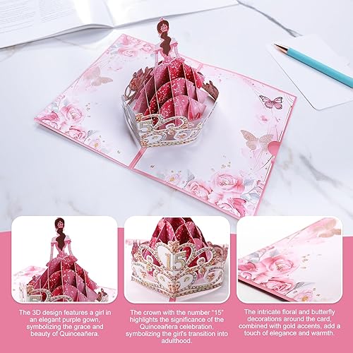 Miniatura 3 de Rotel Tarjeta de quinceañera, tarjetas de cumpleaños número 15 para regalos de quinceañera, tarjetas para quinceañeras de 15 años, número 15 centro