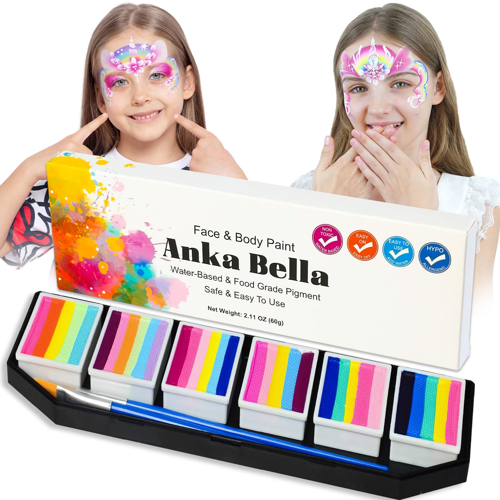Anka Bella 60gm Water Activated Split Cake Face Paint,Professional Washable Non Toxic Face Painting Kit for Kids & Adults,Gift for Halloween Birthday