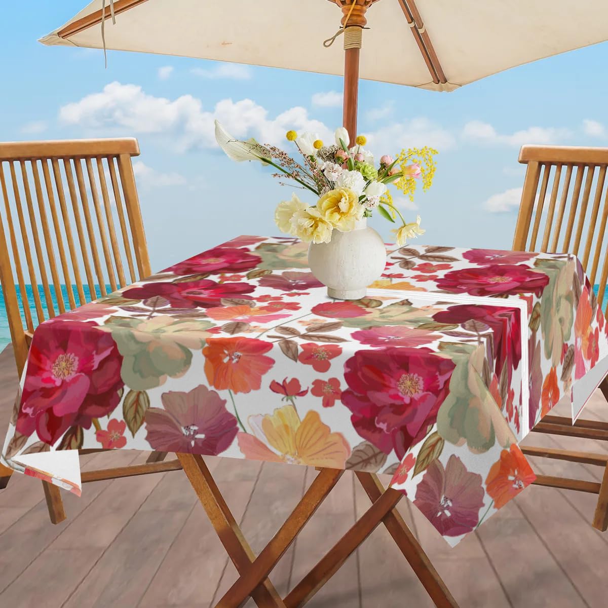 Patio Table Cloth With Umbrella Hole Aglebo Rose Leave Print