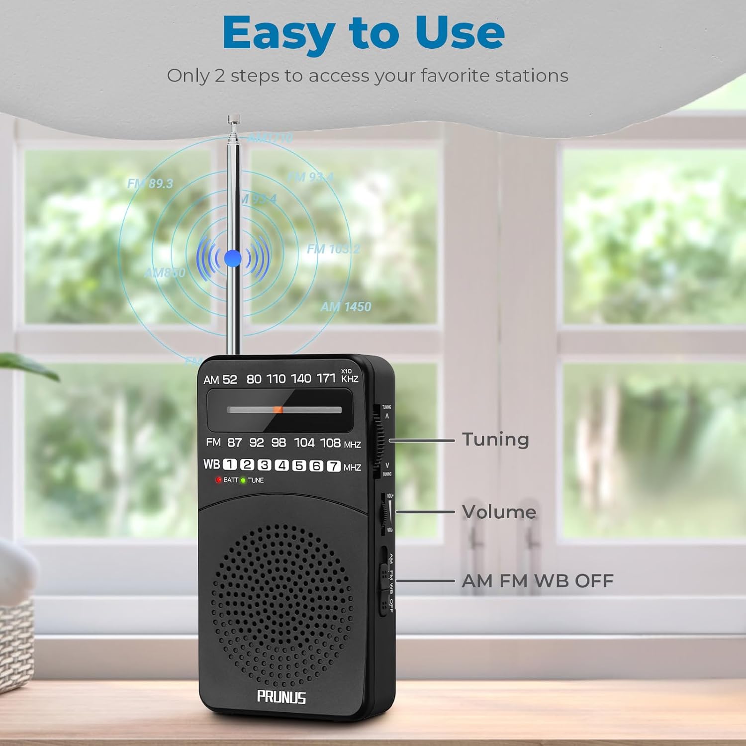 PRUNUS NOAA Weather Radio with labels for Tuning, Volume, and Band Switch