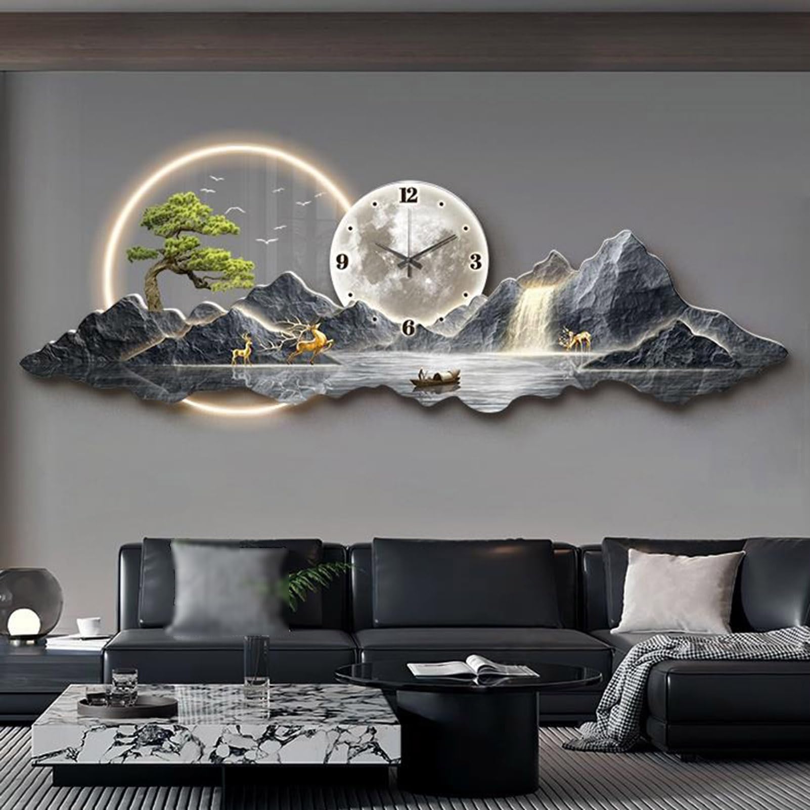 3d Art Wall Decor Wall Sculptures Hanging Landscape Painting,Modern Living Room Wall Art Decoration Lamp Wall clock, oriental Decor Traditional Chinese Feng Shui Welcoming Pine Wall Hanging Painting