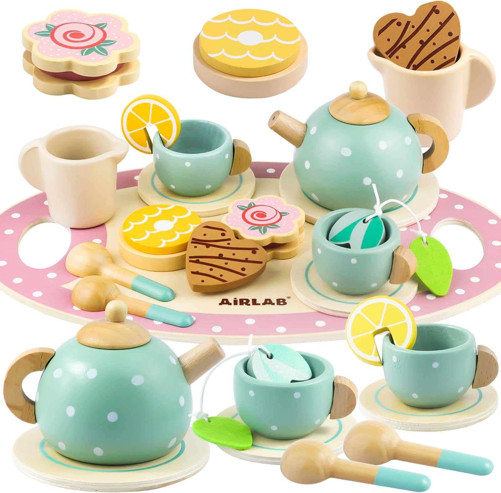 Airlab Wooden Tea Set, Afternoon Tea Party Set for Toddlers, Children Pretend Role Play Kitchen Accessories Toys Food Gift Including Teapot Dessert Cookies Cake Birthday Gifts for Girls Kids