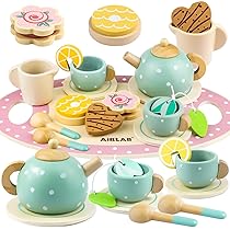 Airlab Set Tazzine Gioco per Servizio da Tè, Accessori Cucina Giocattolo Legno per Bambina Bambini, Set Cibo Finto Giocattolo per Cucina Bambini, Regalo Bambino Compleanno Pasqua Halloween Natale