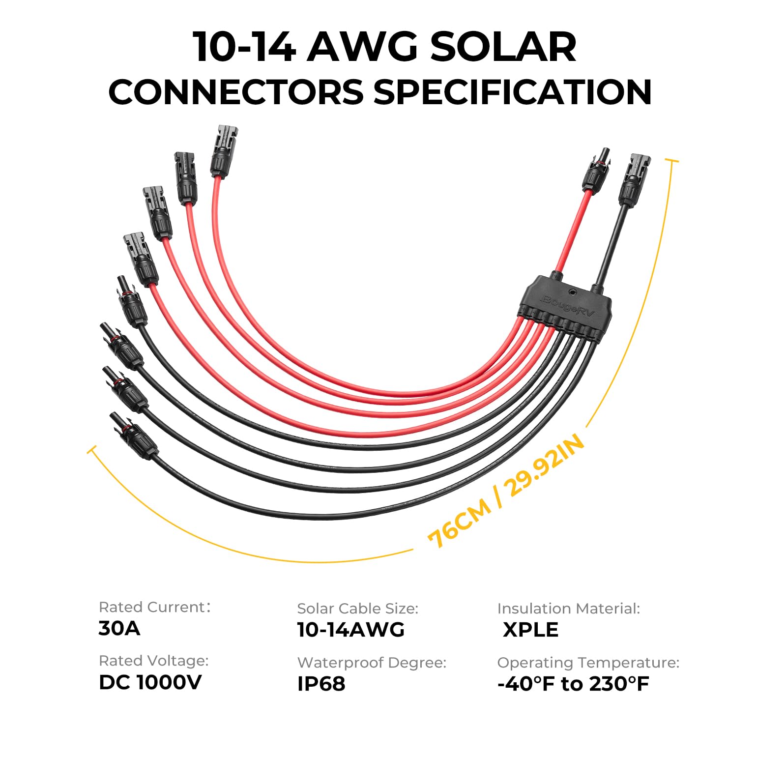 BougeRV - Conectores paralelos solares para 2-4 paneles solares, extra largos de 2 a 8 Y de rama de 10 AWG, adaptador de cable divisor de enchufe de cable, kit de herramientas fotovoltaicas
