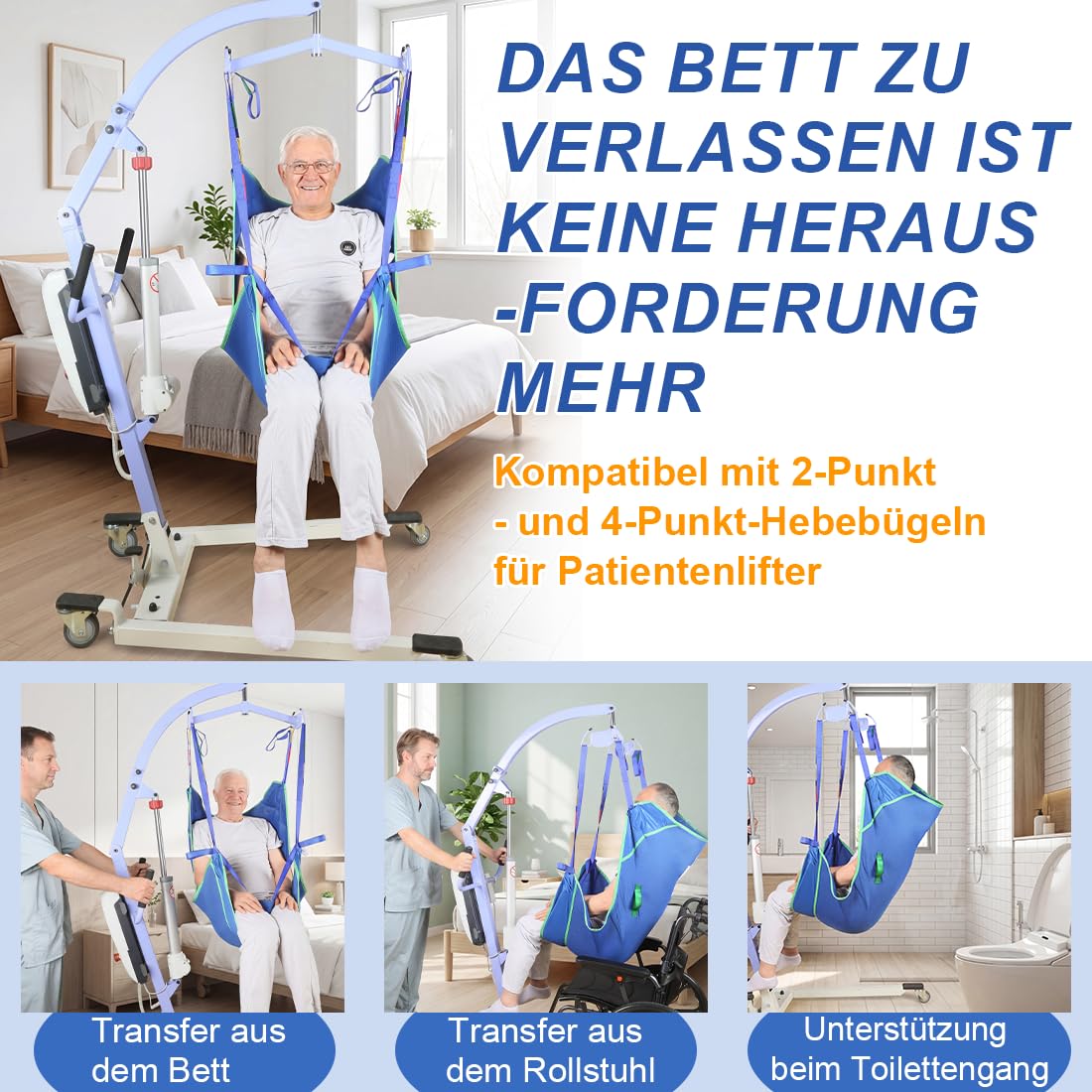 Universal Ganzkörper Hebegurt für Patientenlifter, Atmungsaktives 3D-Mesh Transfergurt für Senioren und Pflegebedürftige, Umsetzhilfe mit Herausfallschutz, bis 230 kg (Blue, mittel)