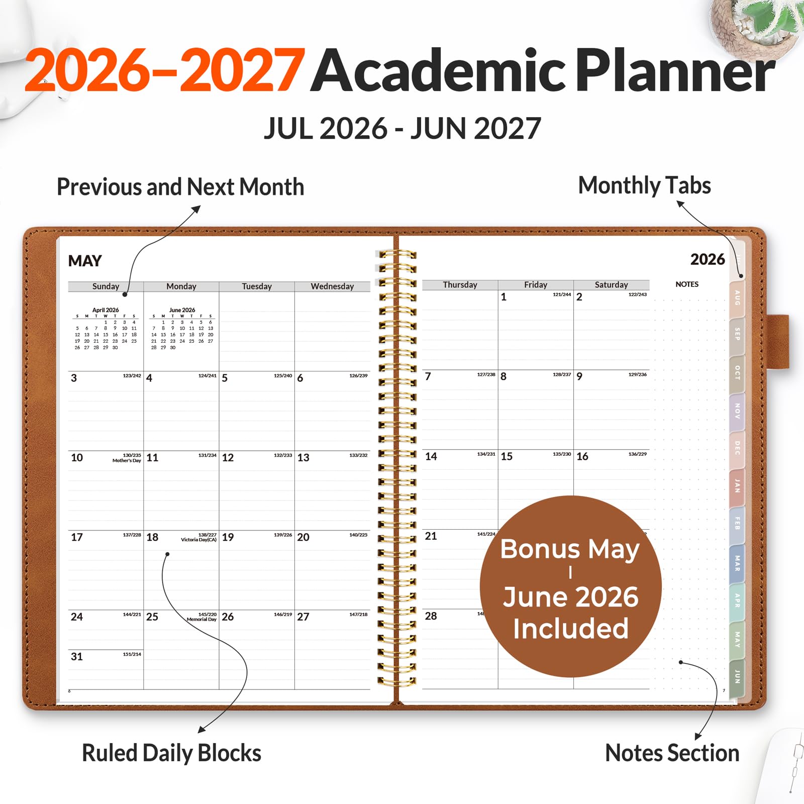 SUNEE Agenda settimanale e mensile 2024-2025, con copertina rigida, 22,9 x 28,4 cm, 12 mesi (luglio 2024 - giugno 2025), copertina in pelle vegana, calendario accademico, tasca, appunti, scheda