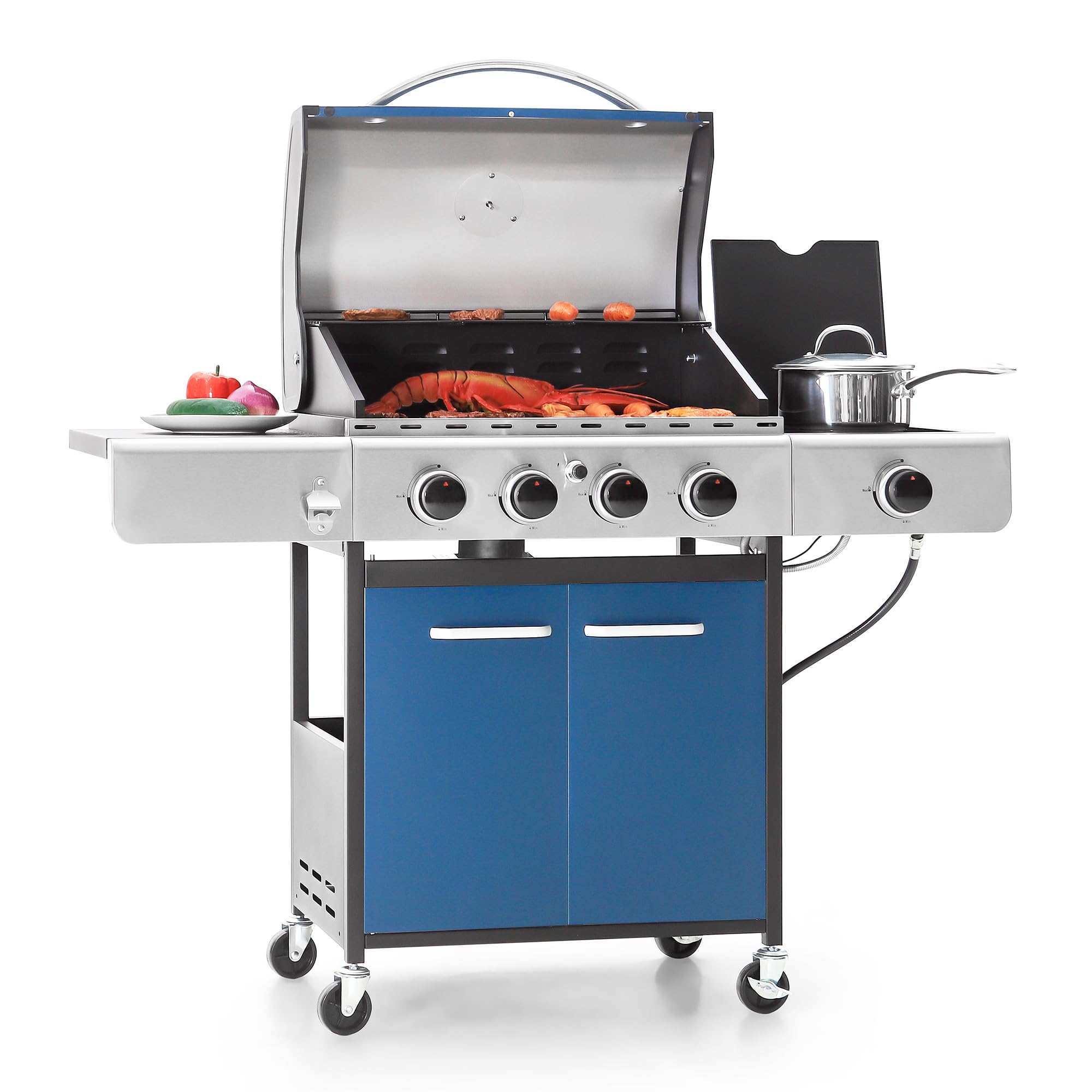 Captiva Designs 4-Burner Propane Gas BBQ Grill with Side Burner & Porcelain-Enameled Cast Iron Grates, 42,000 BTU Output Barbeque Grill for Outdoor Cooking Kitchen and Patio Backyard Barbecue, Blue