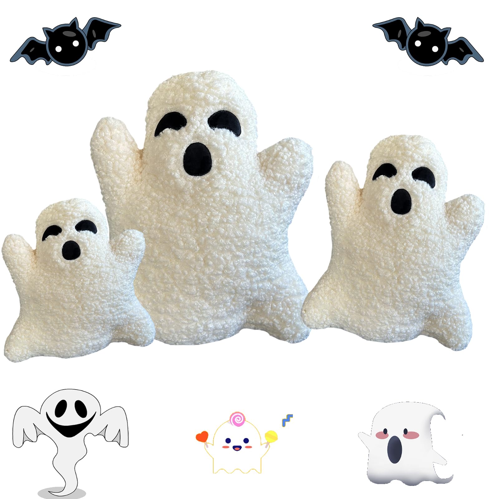Ghost Pillow Halloween, Halloween Decorative Plush Spooky Throw Pillow, Cute Ghost Shaped Plush Pillow Soft Fluffy Plush Ghost Throw Pillow for Party Outdoor Home Decorations Ghost Decor (3pcs)