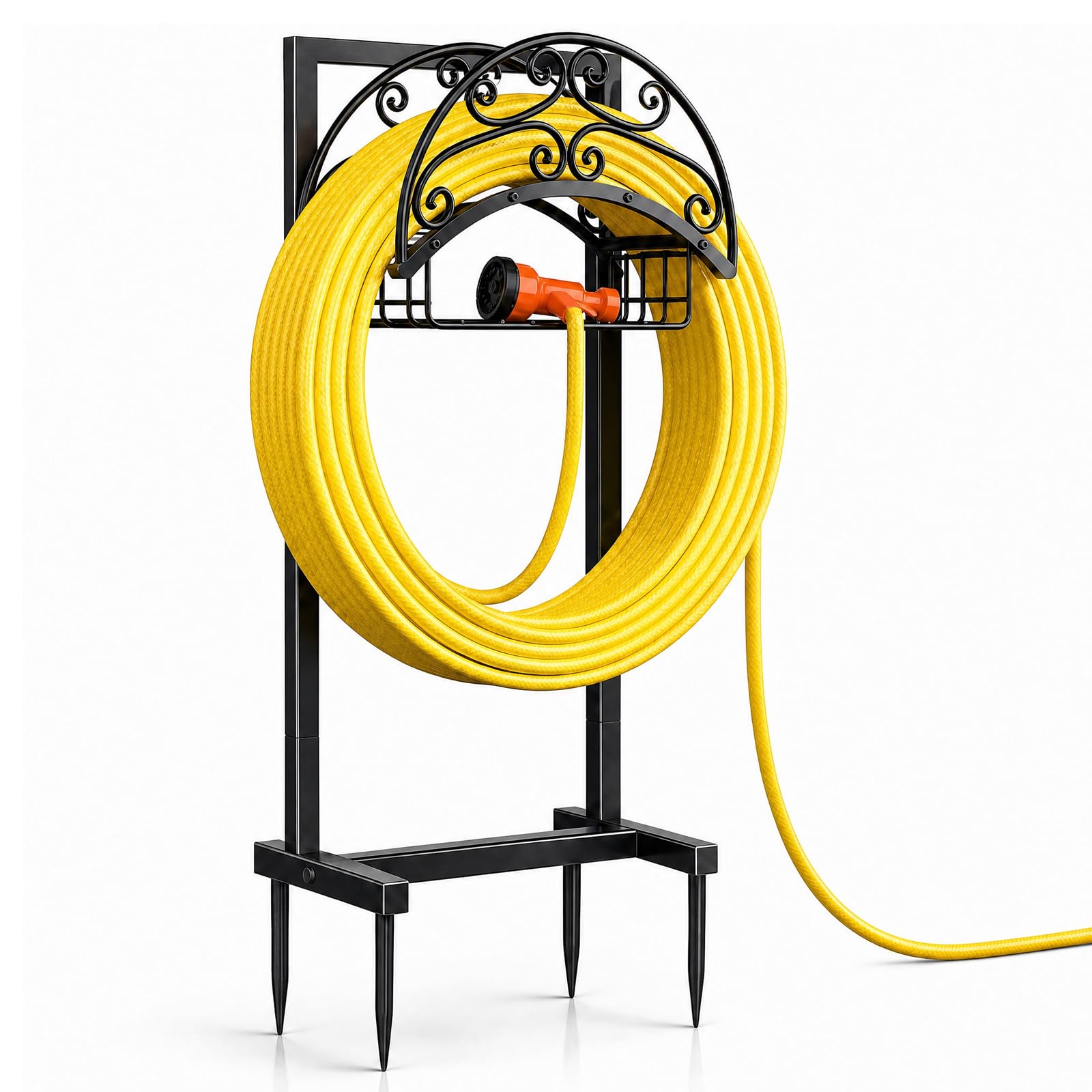 Uchwyt na wąż ogrodowy, 108,5 cm, wytrzymały metalowy uchwyt na rurę węża, do 45 m, zdejmowany organizer do przechowywania węża wodnego, stojak z koszem do przechowywania, na zewnątrz