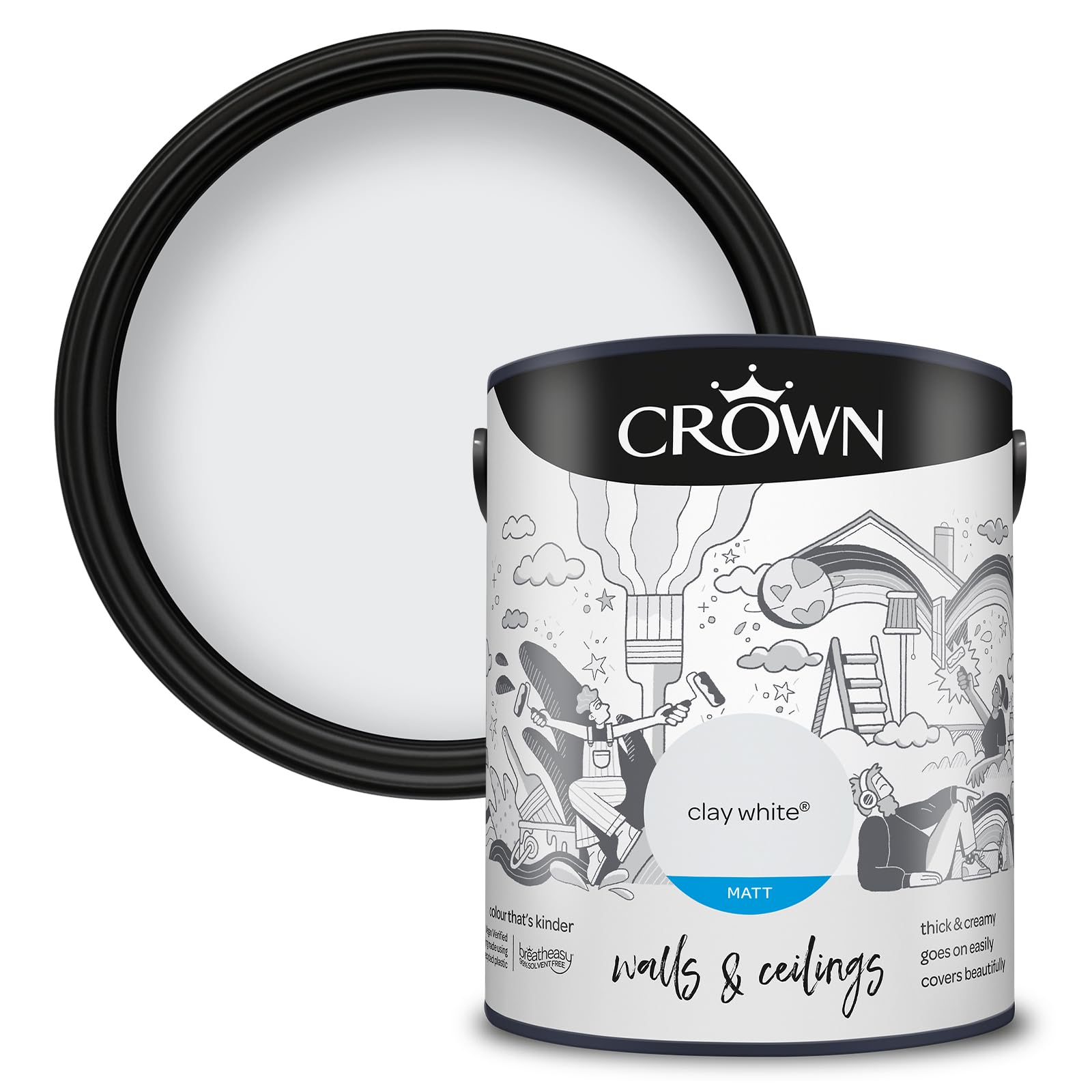 Crown Clay White - Matt Emulsion Paint for Walls and Ceilings - Cool Off White Finish - Ceiling and Wall - Water Based, Quick Dry, Low Odour Paint - 5L