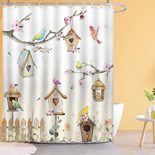 Lindameler INES - Juego de cortina de ducha vintage de primavera, diseño de mariposas florales, 72 x 72 pulgadas, tela de poliéster impermeable, con