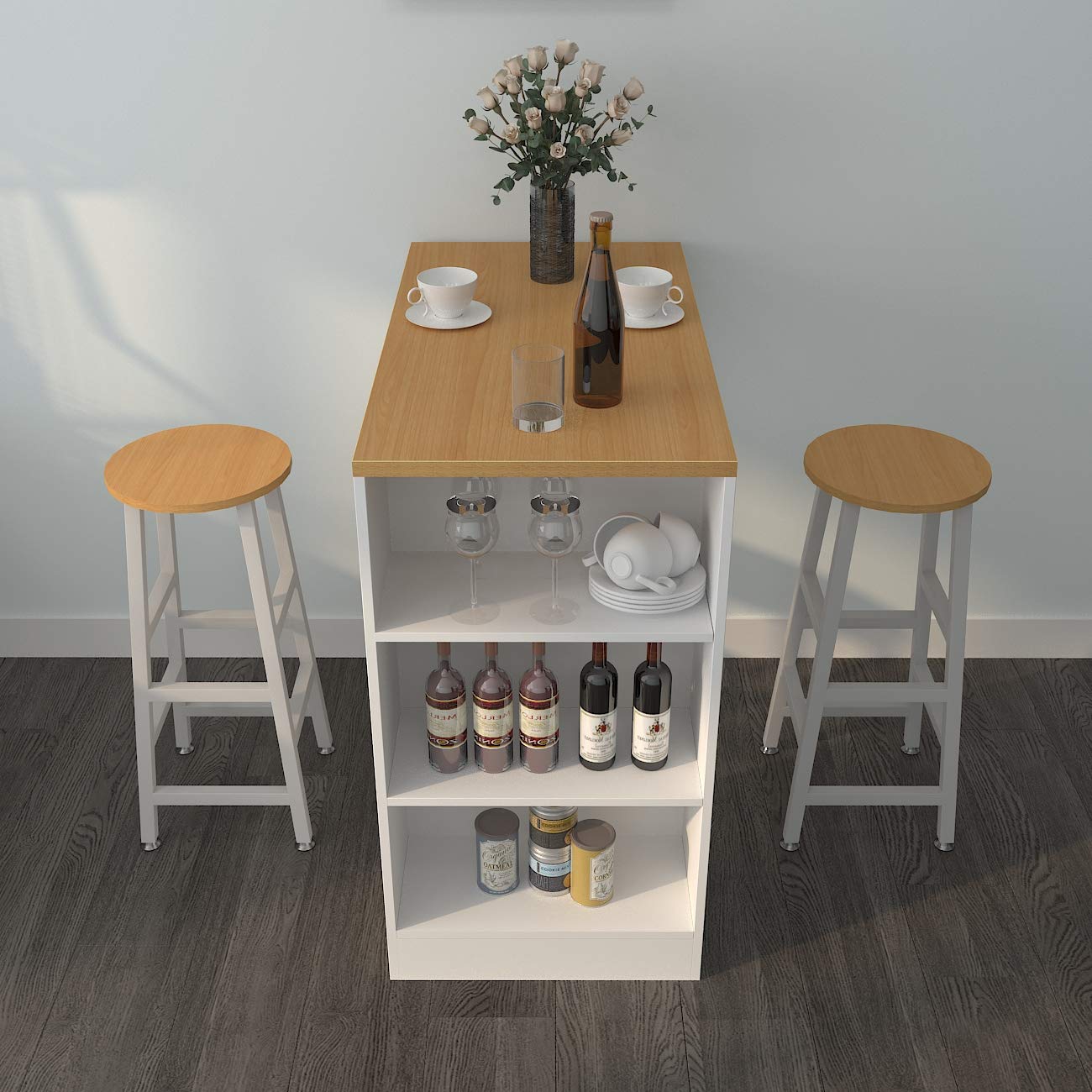 DlandHome Tavolo da bar con 3 armadietti di stoccaggio+ 2 sgabelli alti set per bar da 3 pezzi per 2 persone tavolo da pranzo per cucina/sala da pranzo/soggiorno in teak / bianco