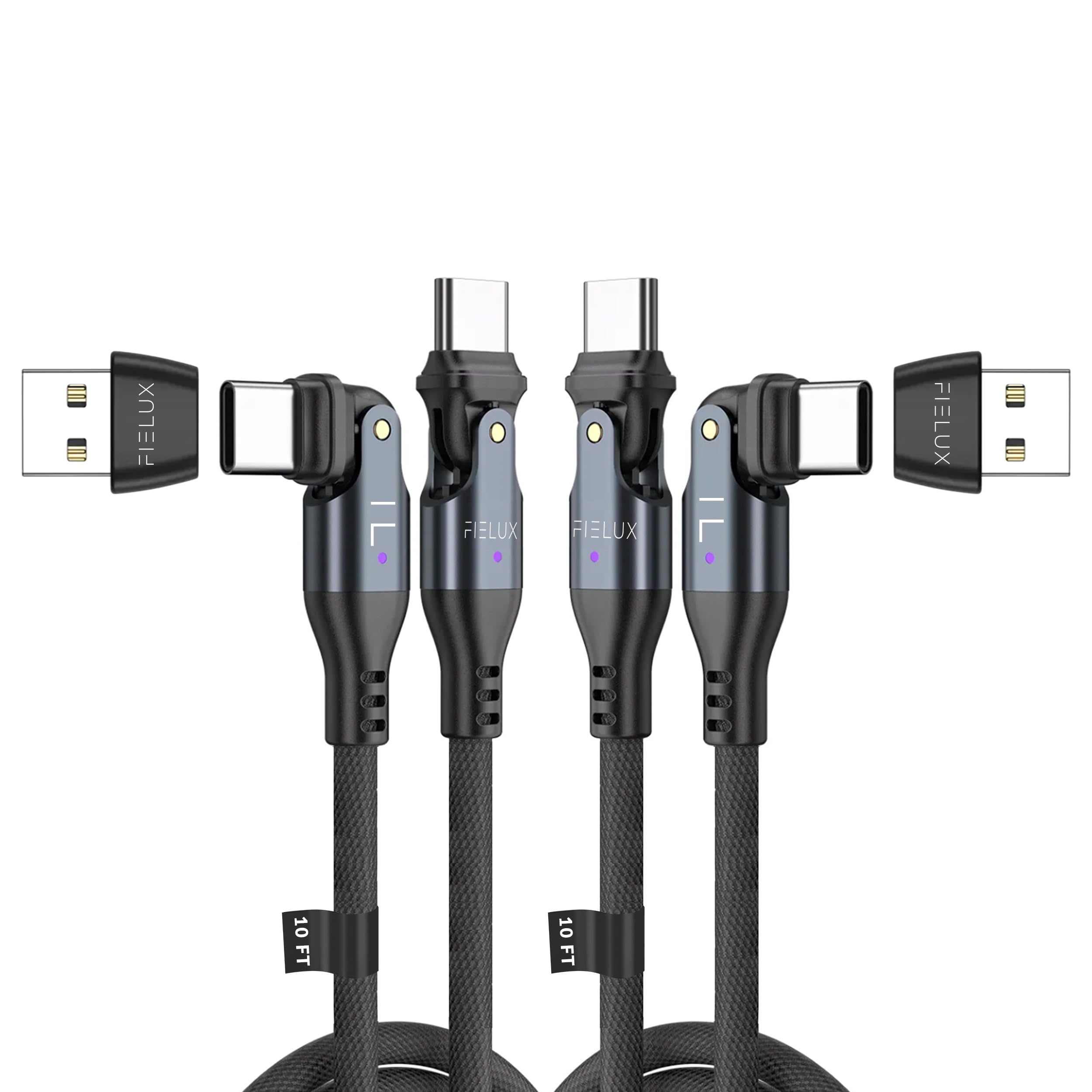 FIELUX USB C to USB C Cable [2-Pack 10FT/10FT + USB A Adapter], 180° Rotation, Nylon Braided, 240W Type C Fast Charging Cable for Phone & Tablets (