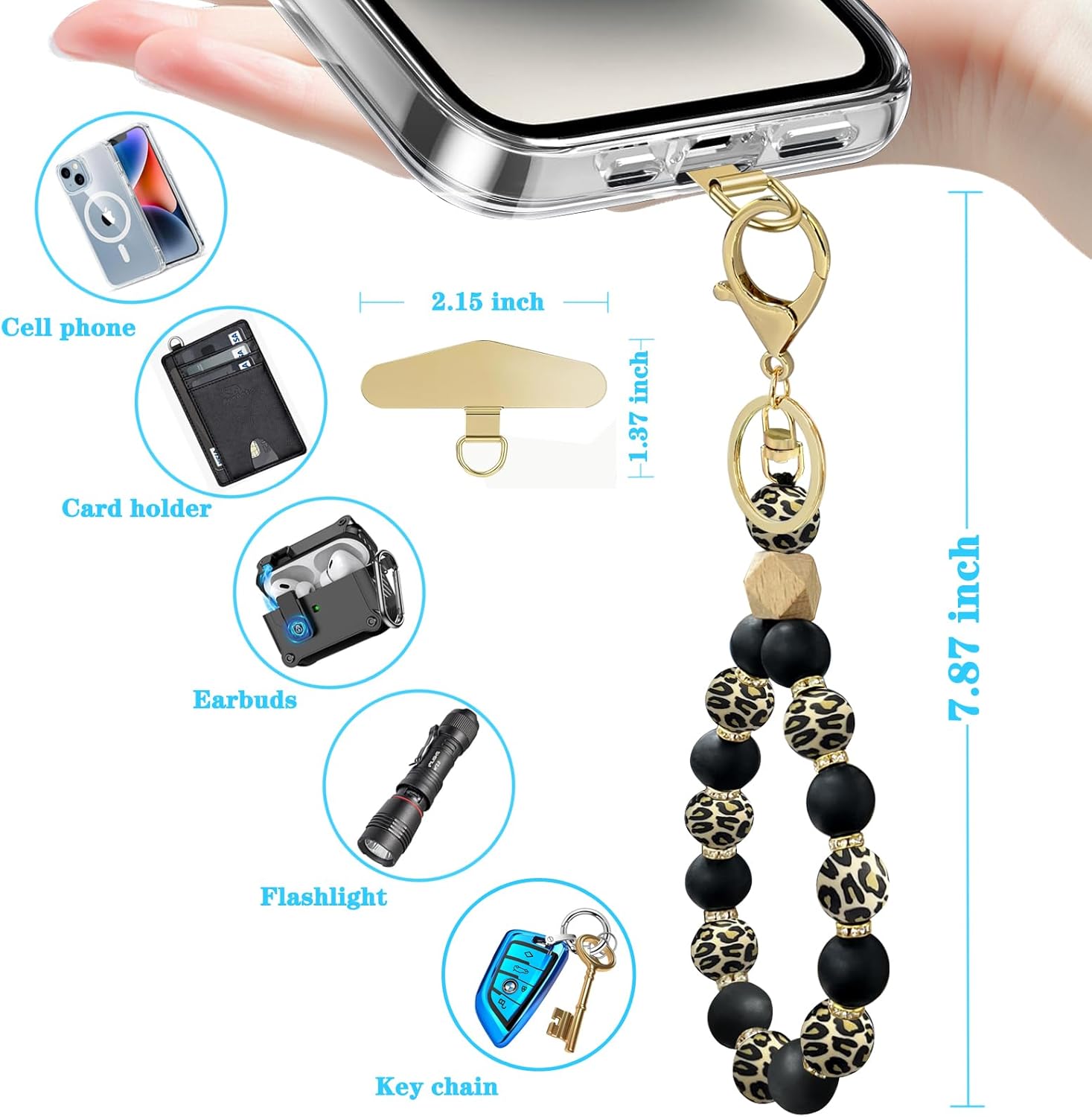 Silicone Beaded Phone Wrist Strap, Phone Bracelet Strap with Tether Tab Elastic Hands Free Wristlet Strap - Image 5
