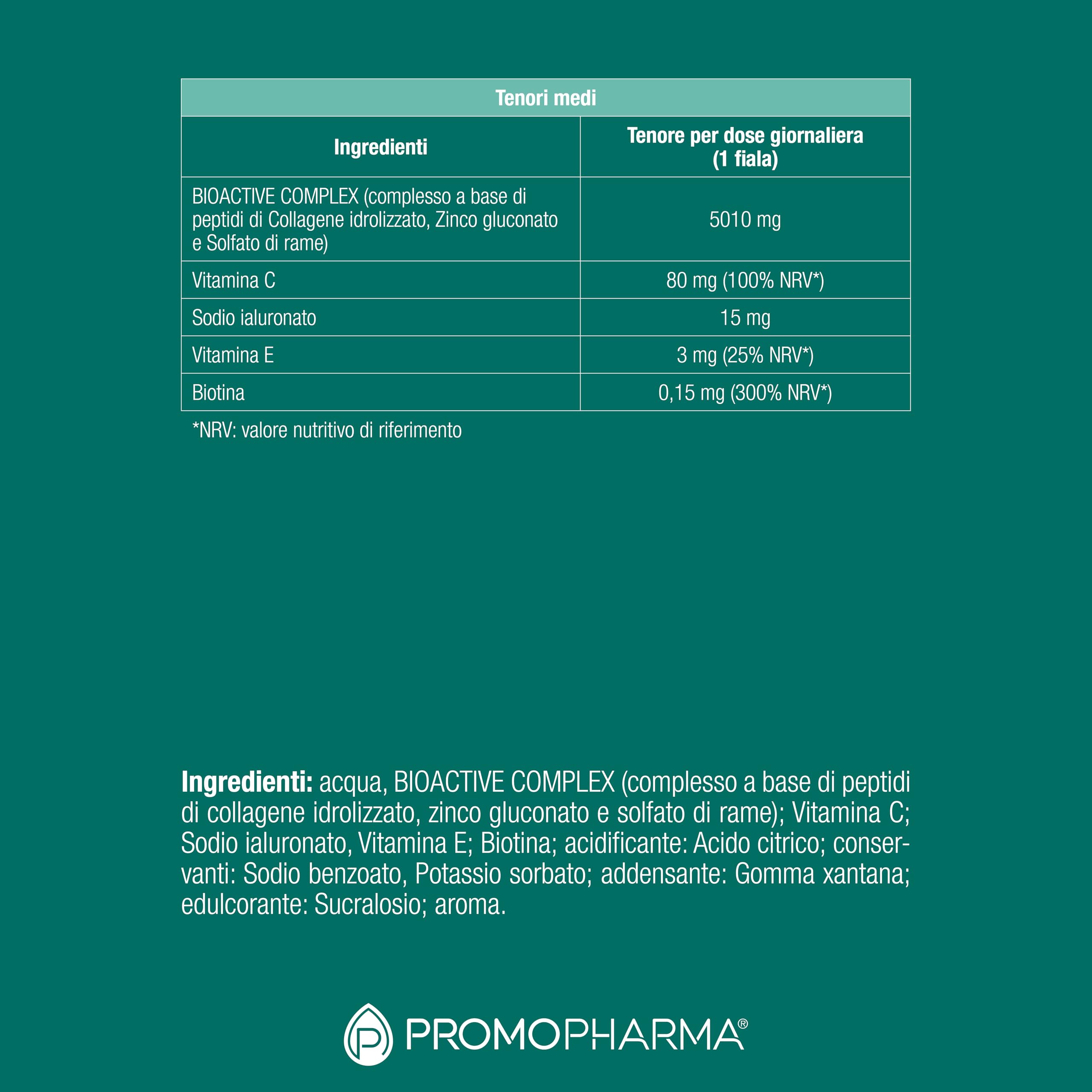 Collagen Bioactive Complex – Peptidi di Collagene Idrolizzato ad Alta Biodisponibilità con Vitamina C – Contribuisce a mantenere la pelle elastica – 30 fiale da 25 ml