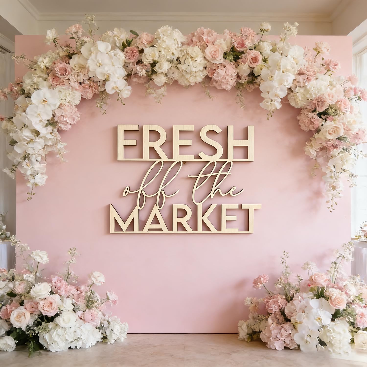 Photo 1 of "Fresh off the Market" Wooden Sign for Backdrop, Bridal Shower Wall Sign Decor for Floral Bachelorette Engagement Wedding Party Farmers Market Decor Banner Party Sign Decor Photo Prop