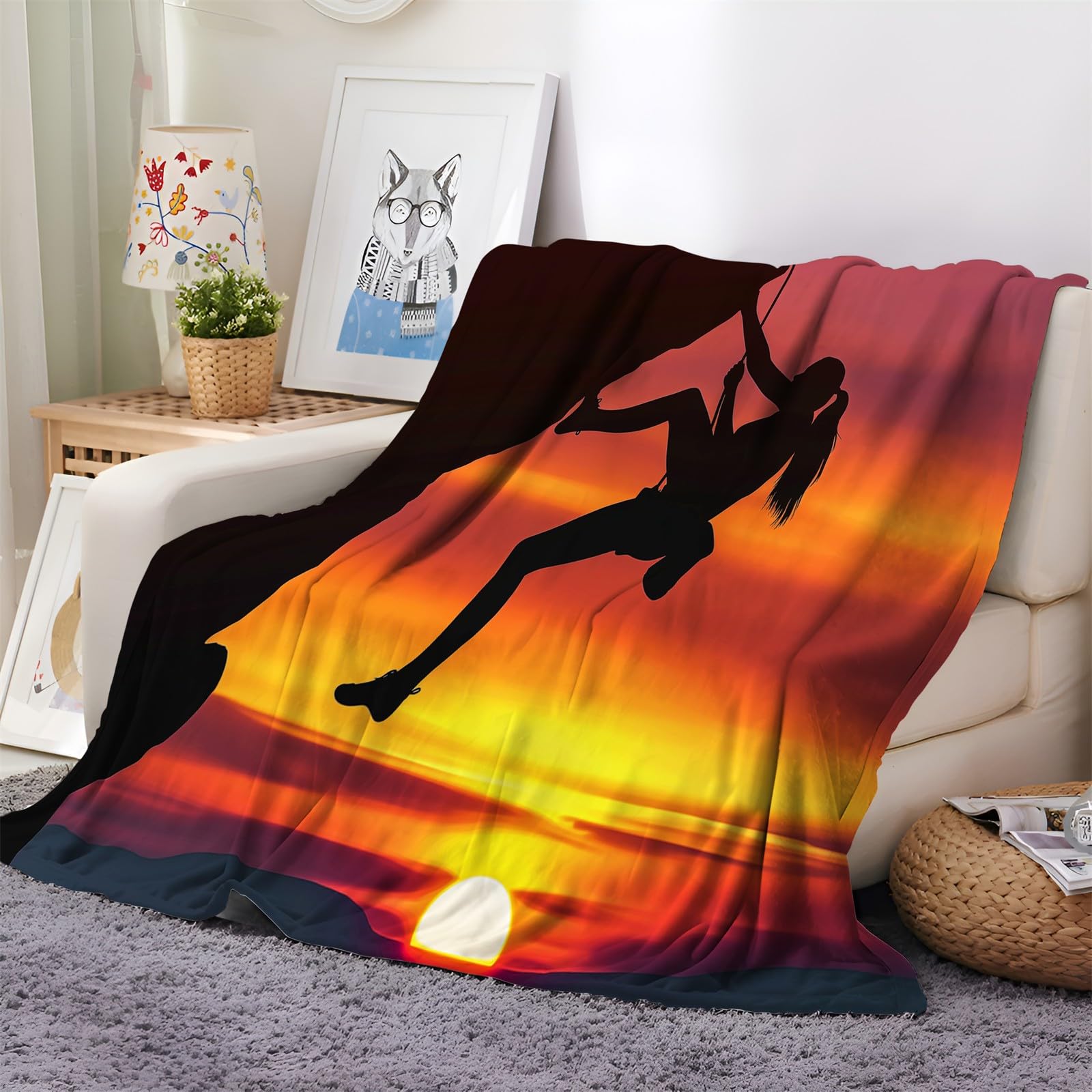 Generico Coperta Pile Arrampicata Su Roccia Tramonto Rosso 220x240 cm Coperta Flanella Singolo Matrimoniale Morbida Caldo, Coperta Plaid Pile Sherpa, per Letto, Divano, Coperta Invernale