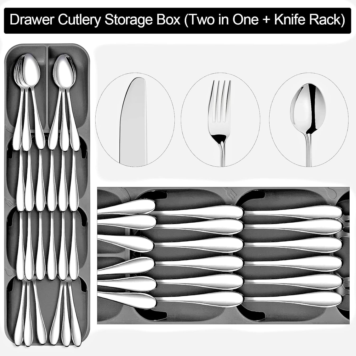 CHLORANTHUS 2 PCS Silverware Organizer - Kitchen Utensil Drawer Organizer Tray for Cutlery Flatware and Knives Storage - Home Dinner Organization for Fork Knife and Spoon Holder Grey