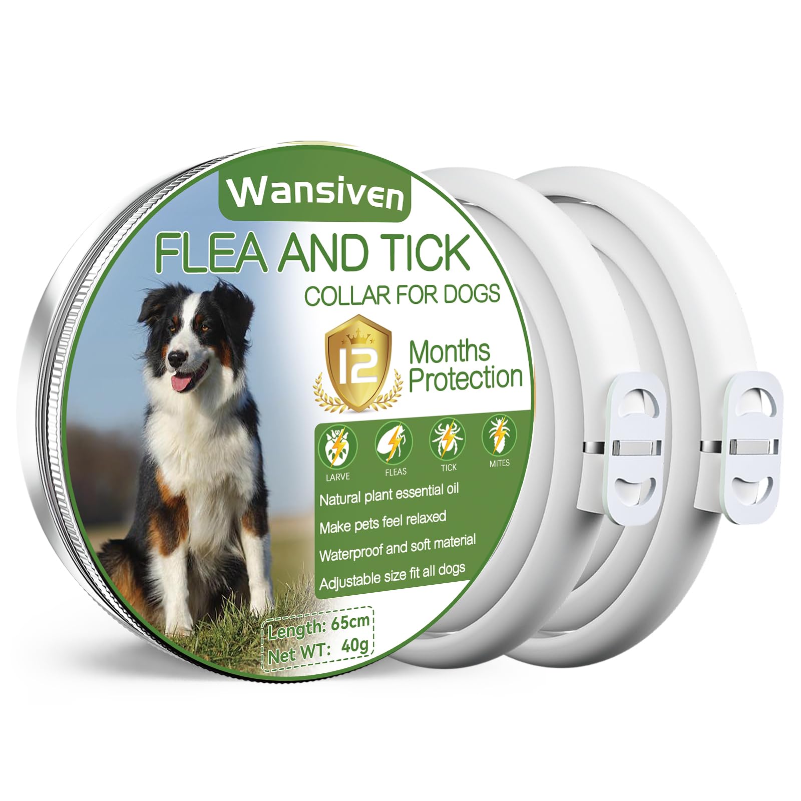 Collari Antipulci per Cani, Collare Antipulci Regolabili da 63,5 cm per Cani, Collari Antipulci e Zecche Impermeabili per Cani, Protezione 12 Mesi (Essential oil collar-2pcs)