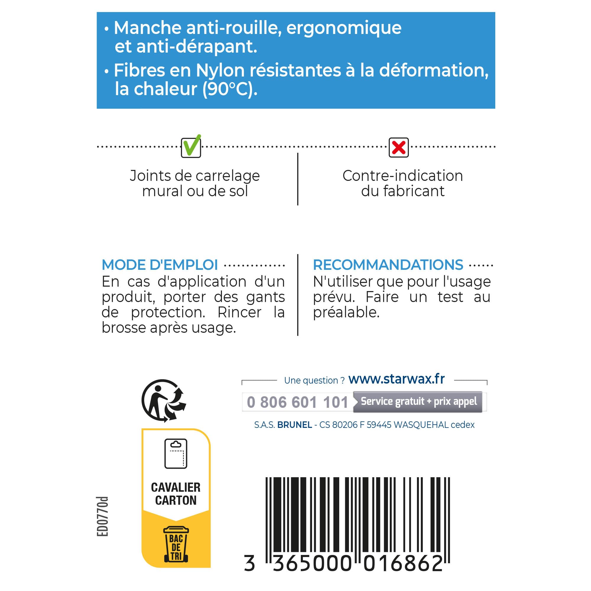STARWAX Brosse à Joints - 1x - Idéale pour Récurer les Joints de Carrelage, les Recoins et les Angles Grâces a sa Tête étroite - Poignée Egonomique - Anti -Rouille