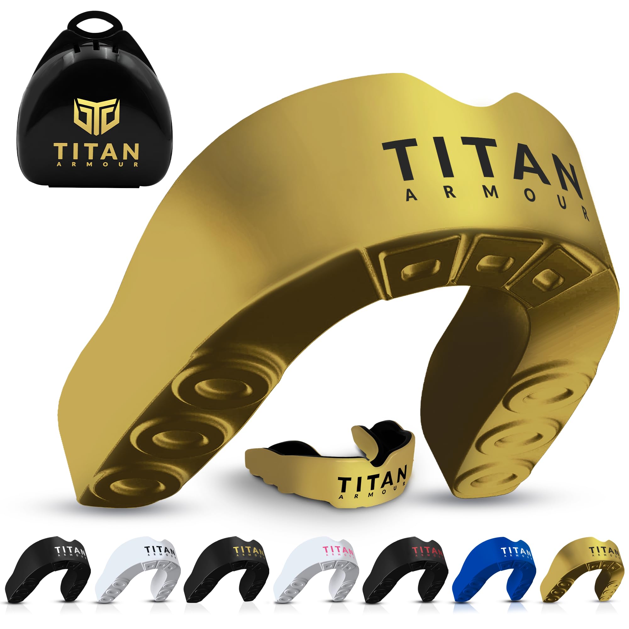 Titan Armour Case Inc - Paradenti a doppio strato, per adulti e bambini, per boxe, rugby, hockey e tutti gli sport di contatto, marchio UK (oro massiccio, Junior Under 11)