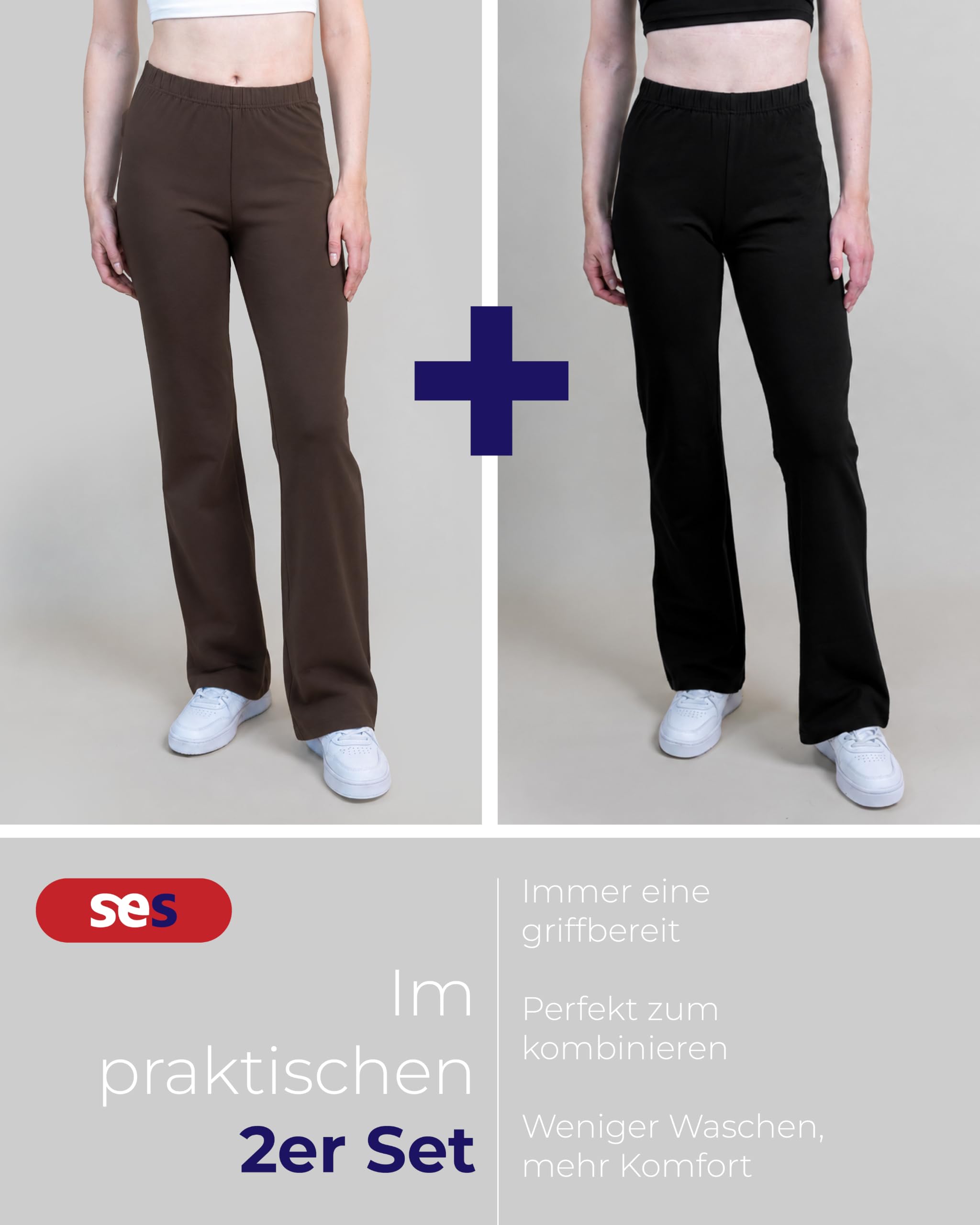 SES Lot de 2 leggings évasés en coton pour femme - Taille 32/34 - 56/58 - Pantalon de jazz confortable à jambe large - Pantalon de yoga pour femme avec taille douce