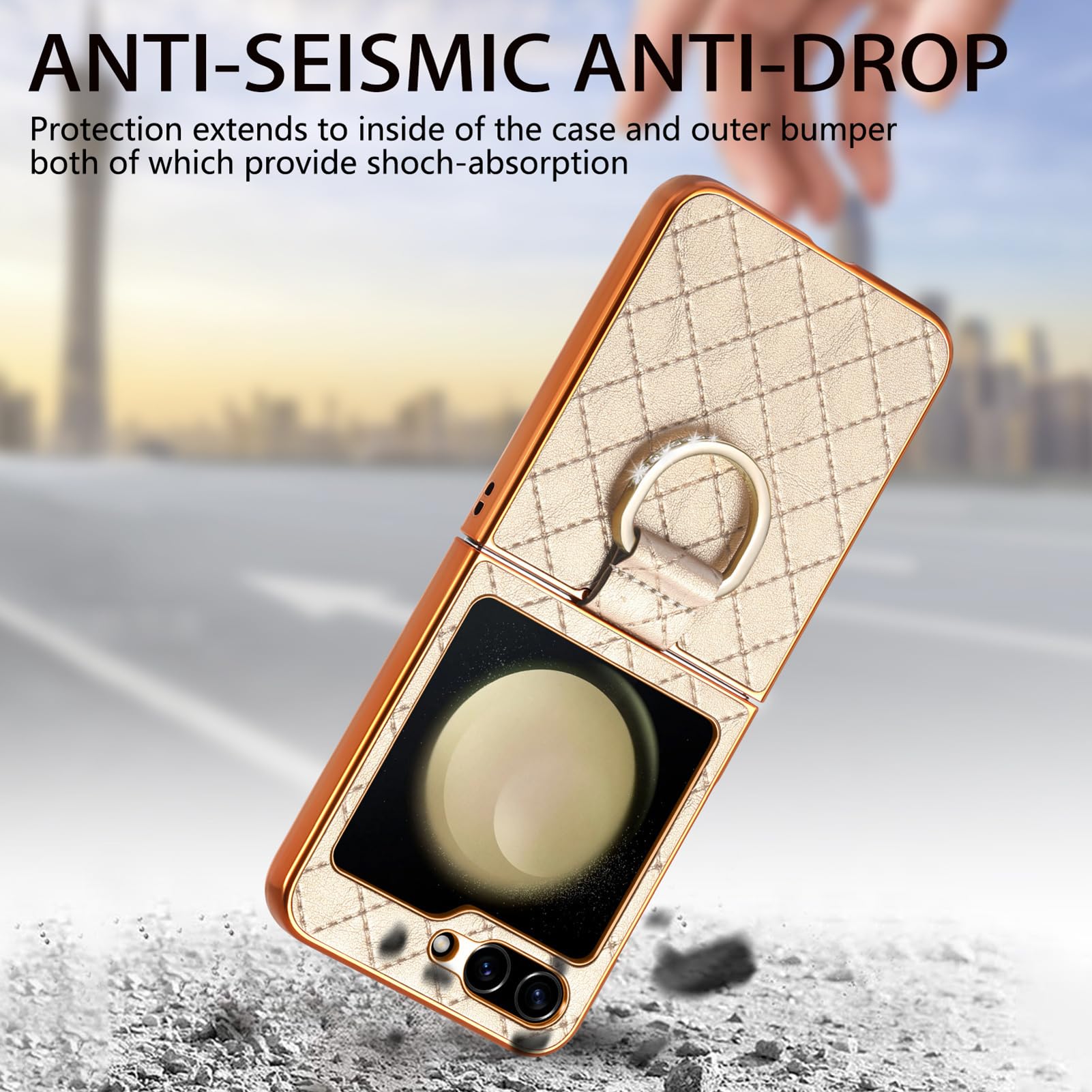 HAZARA Ultra cienkie etui do Samsung Galaxy Z Flip 5, błyszczące metalowe etui na pierścień, stylowa ochrona pleców z reliefem, luksusowe platerowane krawędzie, odporne na wstrząsy, niebieskie