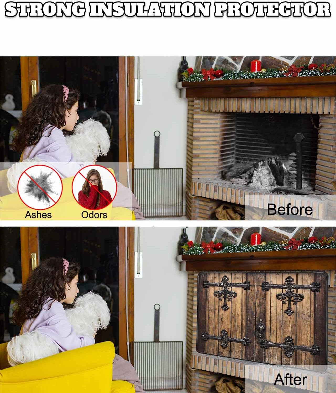 Rustic Wooden Door Magnetic Fireplace Cover 45"x34",Brown Black Farmhouse Country Vintage Decorative Fireplace Blanket Insulation Cover for Heat Loss,Indoor Fireplace Draft Stopper Covers Protectors
