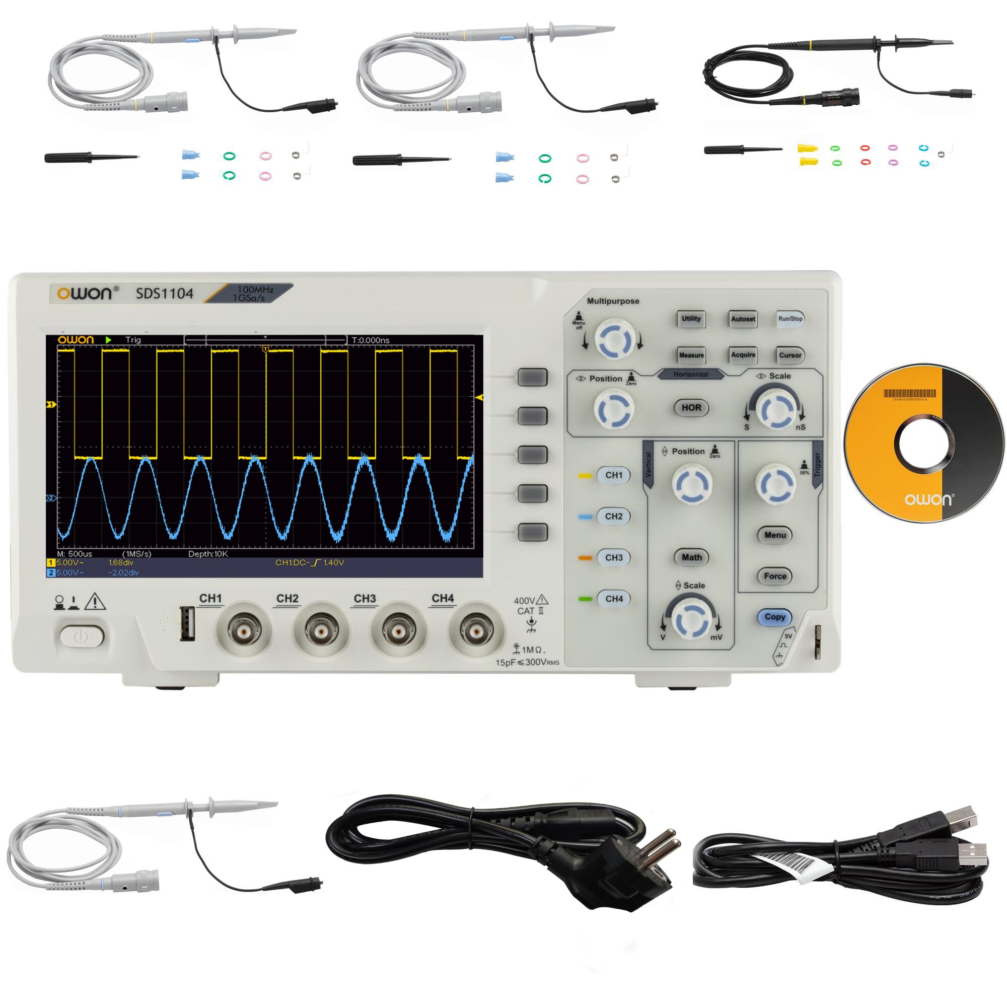 SDS1104 OWON Oszilloskop 4 Kanäle 100MHz Bandbreite Tischoszilloskop | 7" hochauflösender Bildschirm 1GSa/s Abtastrate Ultraflaches leichtes tragbares Oszilloskop