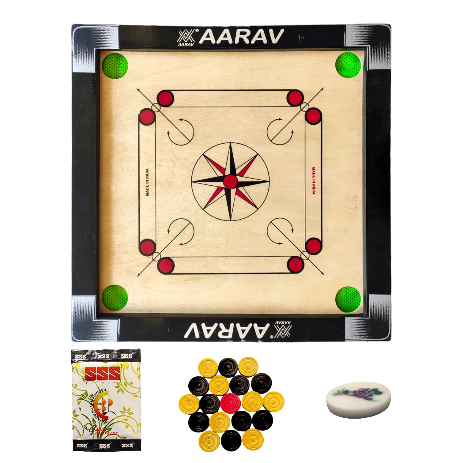 Aarav Kids Carrom Board, 20 inch Small Size, Smooth Surface, Gloss Finish, with Wooden Coins, Striker and boric Powder