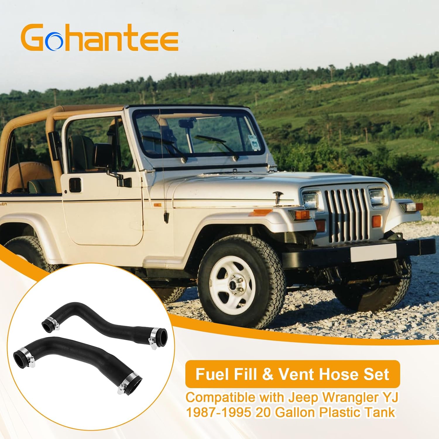 gohantee Fuel Filler Hose and Vent Hose Kit Compatible with Jeep Wrangler YJ 1987-1995 20 Gallon Plastic Tank, Replaces 52040079 52040081, 2 Pcs with 4 Clamps