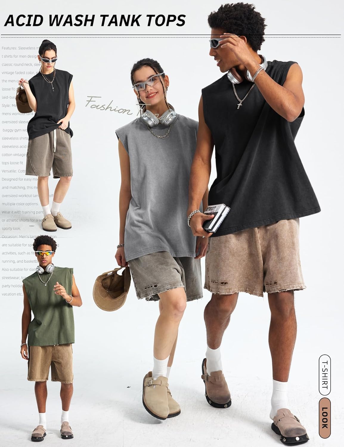 Arssm Sleeveless Shirts for Men Tank Tops Cotton Acid Wash Tees Muscle Workout Running Tank Tops