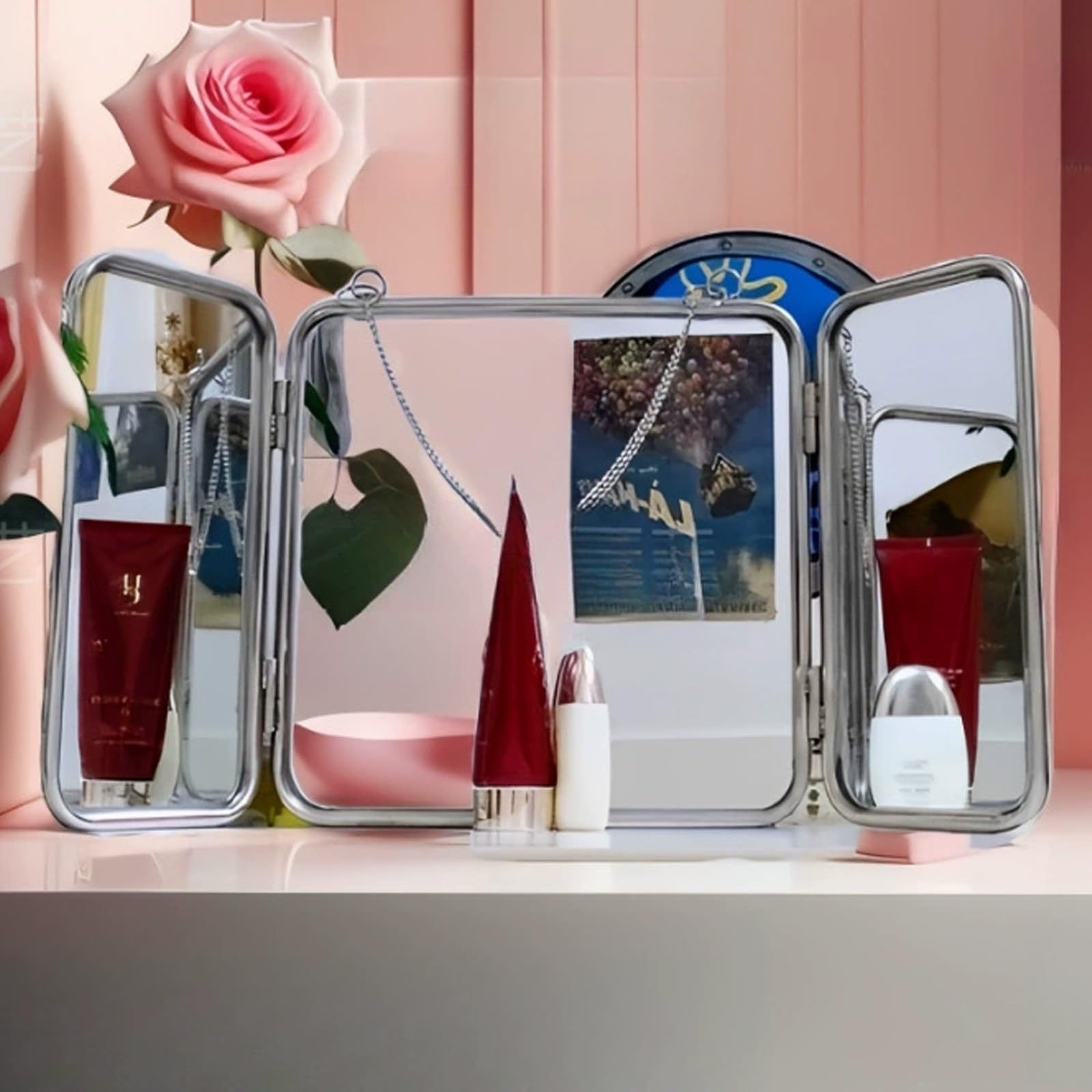 Miroir Carré Pliable De 30cm, Mural Miroir 3 Faces，Moderne avec Cadre Et Chaîne en Acier Inoxydable, Décoratif À Suspendre，Haute Définition