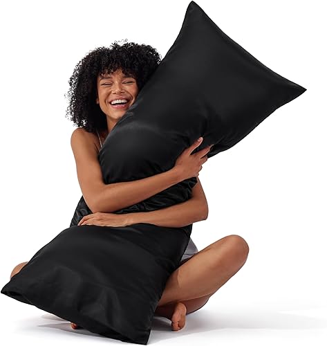 Bedsure Funda de almohada corporal negra de 20 x 54 pulgadas, funda de almohada larga de satén sedoso súper suave - Funda de almohada corporal con
